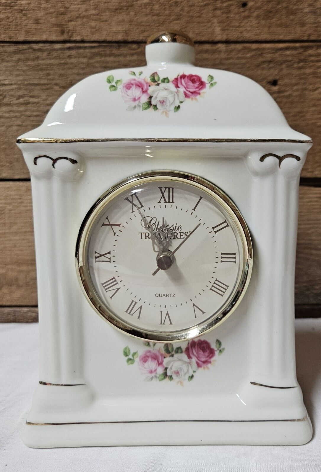 Classic Treasures Mantle Carriage Clock Pink Rose Porcelain Collectable [Works]