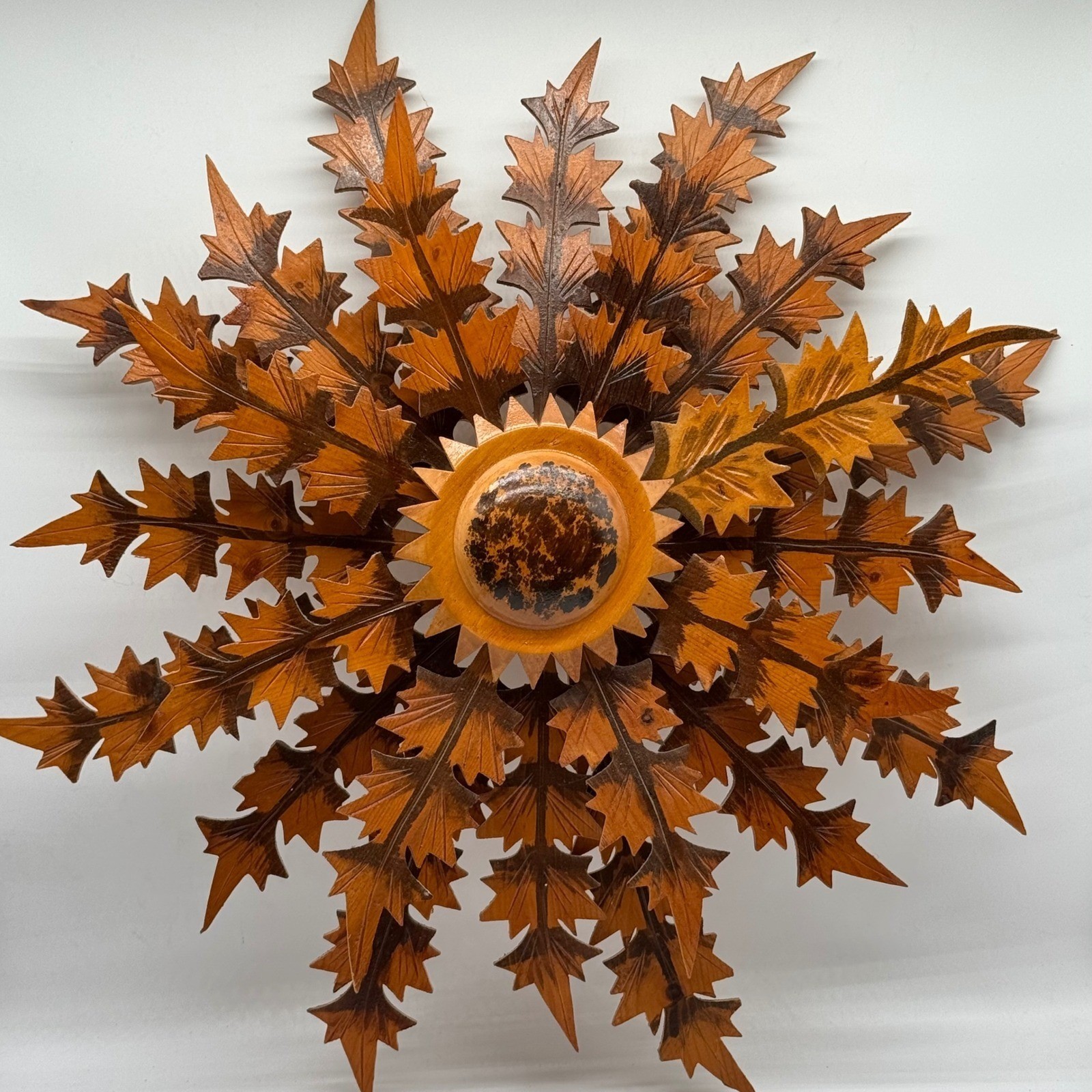Vintage Polish Folk Art Carved Wood Sunflower Sunburst Wall Sculpture 24\ Vintage Polish Folk Art Carved Wood Sunflower Sunburst Wall Sculpture 24\