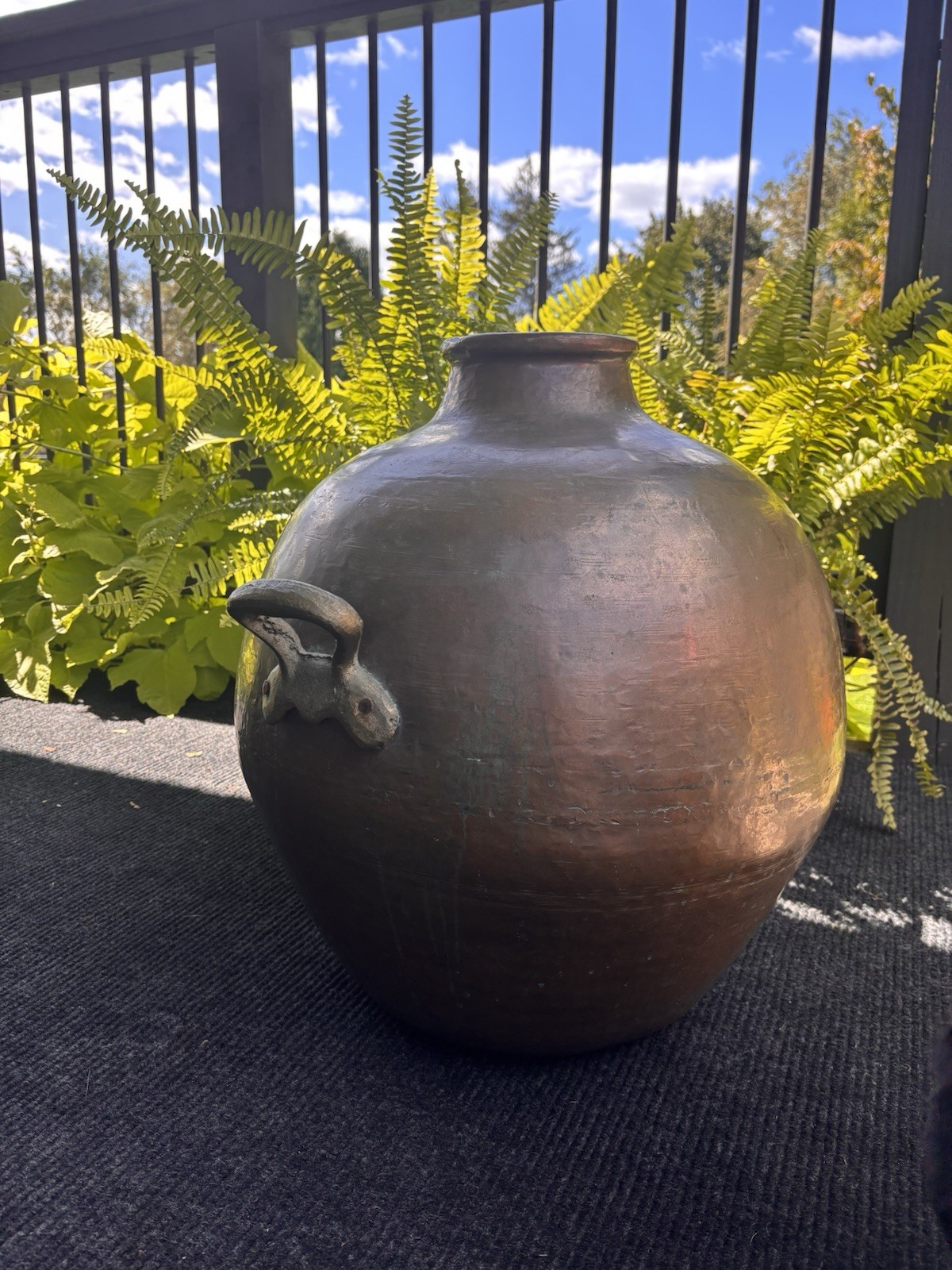 LARGE Antique Egyptian Copper Bean Pot Brass Handles Primitive Decor Hammered