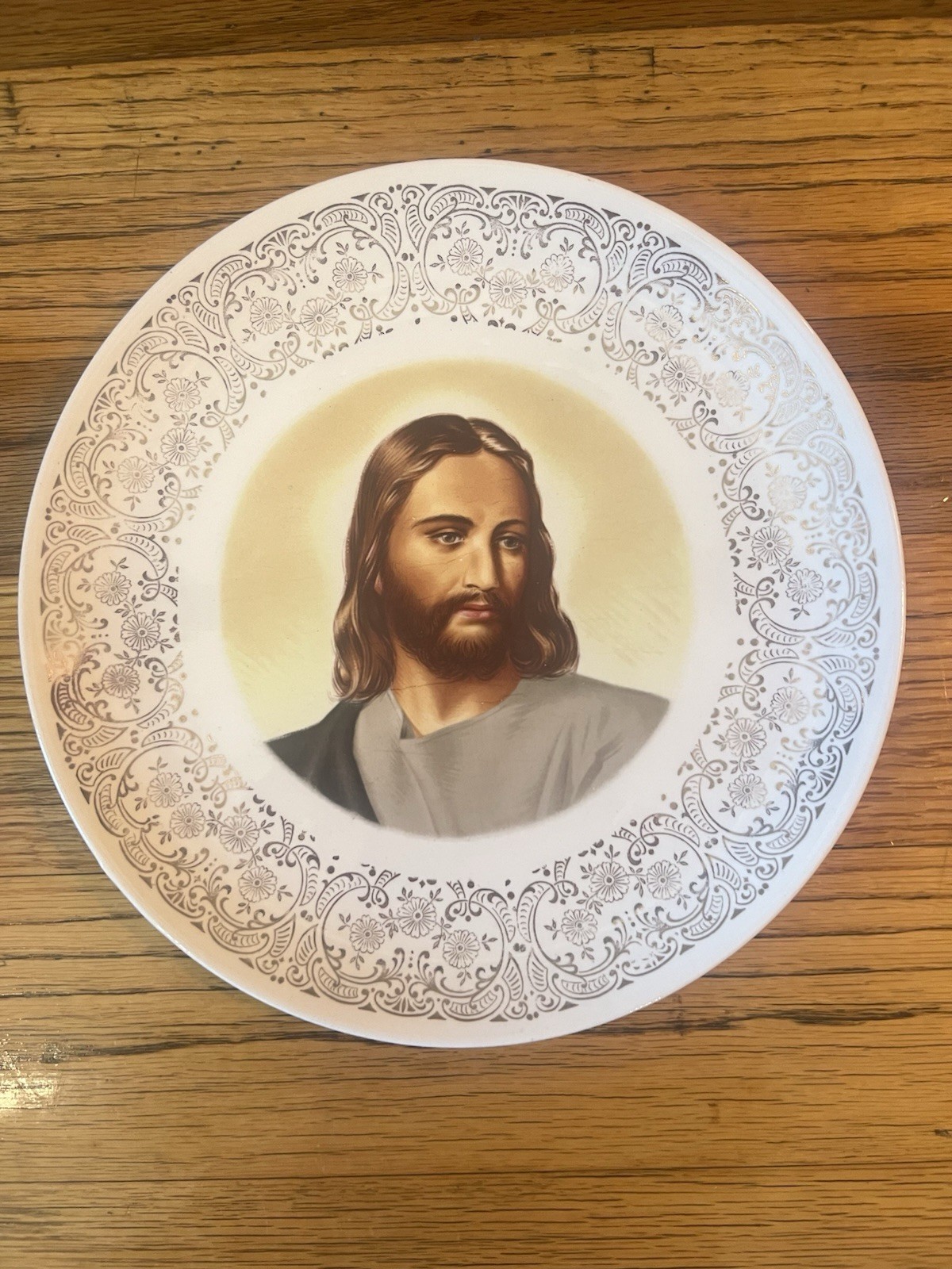 Vintage Jesus Christ Portrait Plate 9.25” Silver Floral Religious Decor