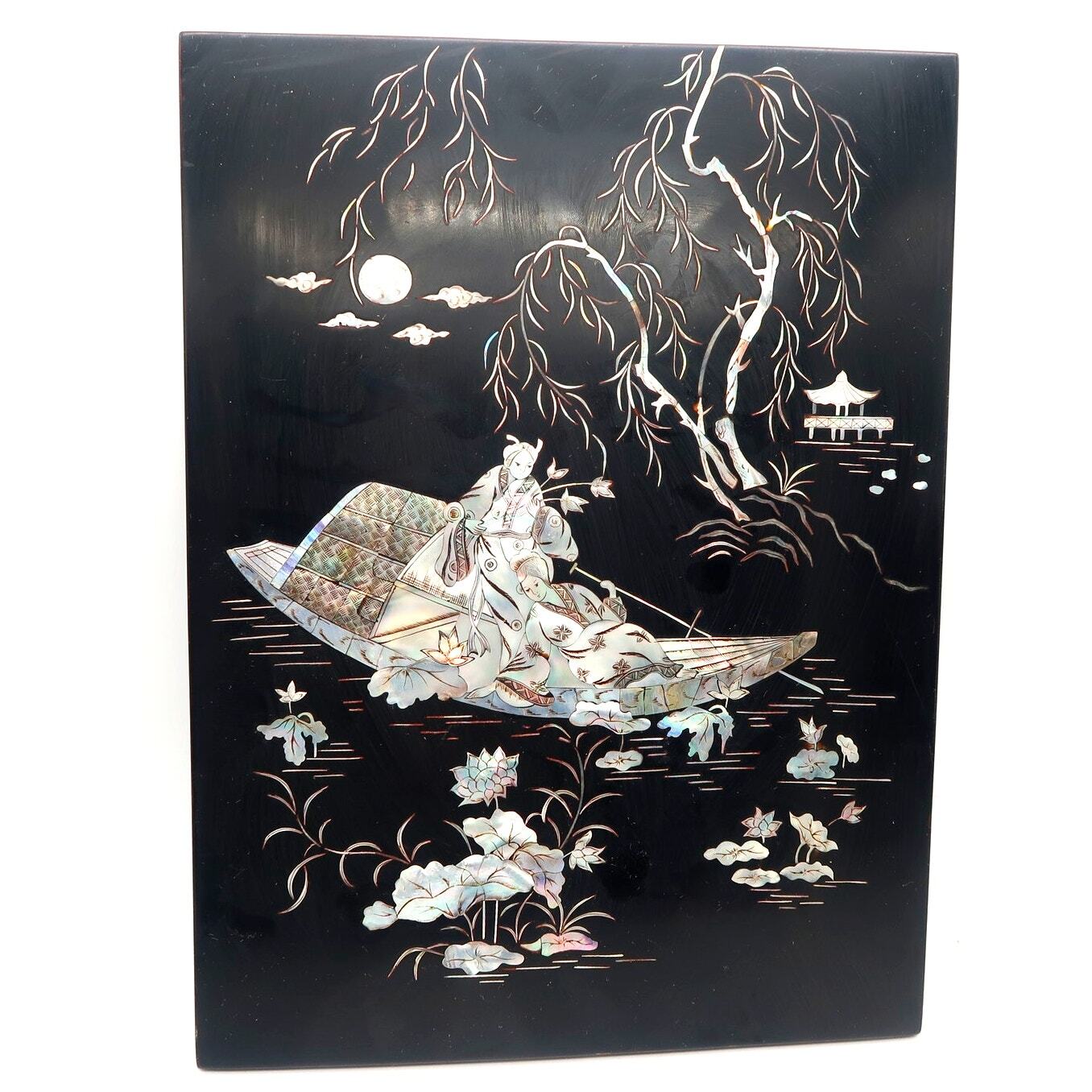 Asian Lacquer and Mother of Pearl Abalone Wall Panel Vintage 16 in by 12 in