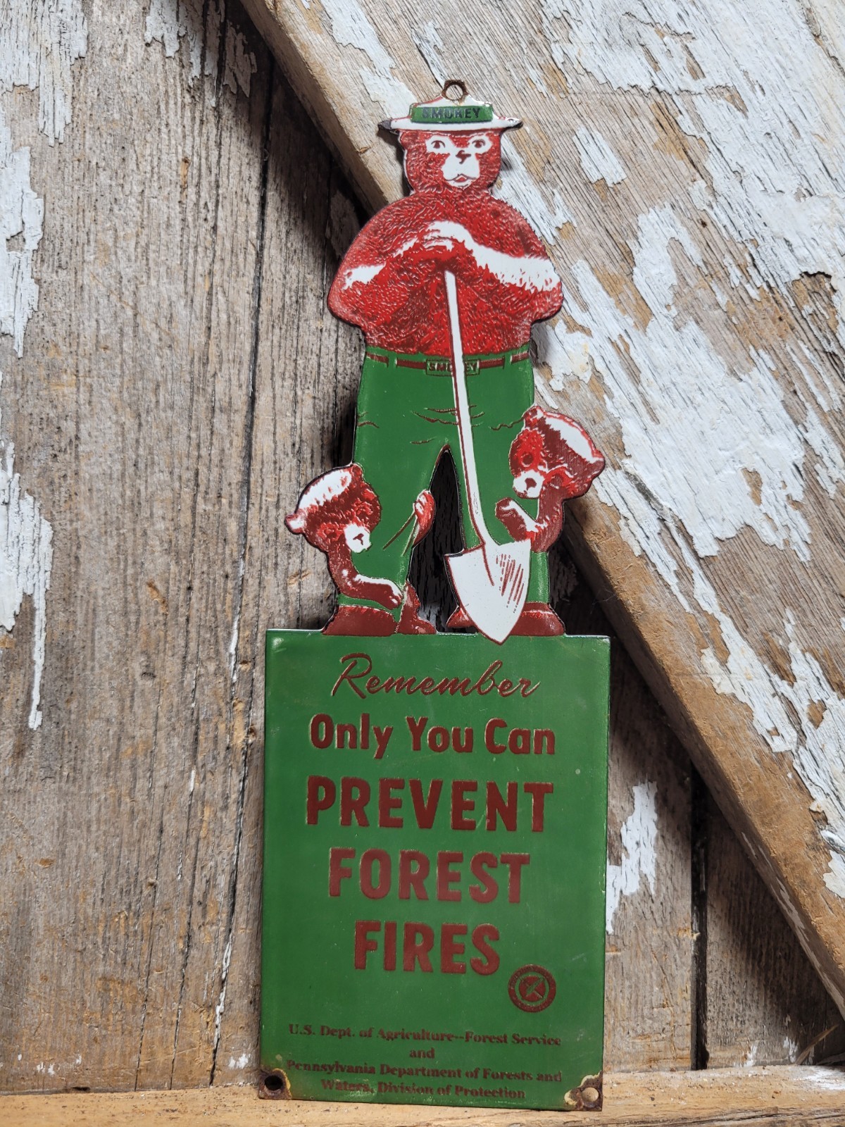 VINTAGE SMOKEY BEAR PORCELAIN SIGN OLD US FOREST SERVICE NATIONAL PARK FIRE HIKE