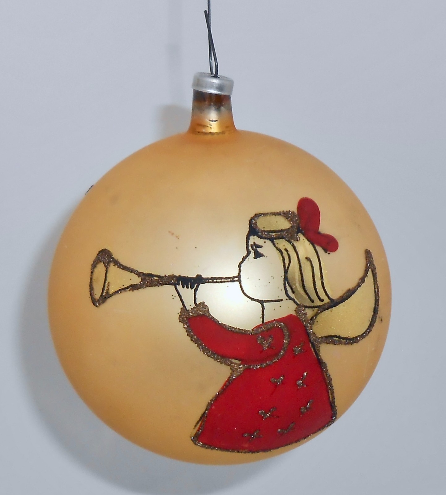 Vintage Made in Austria Hand Painted ANGEL BLOWING HORN Glass Ball Ornament H87