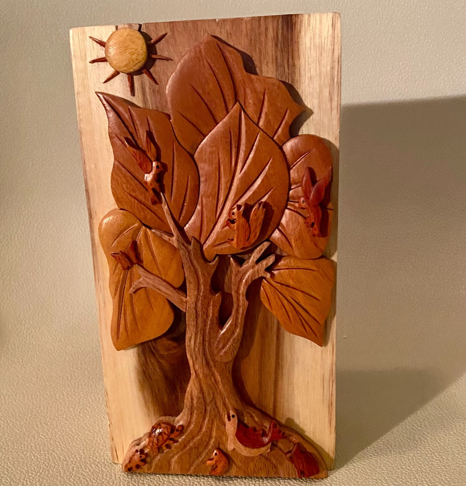 Carver Dan's Tree of Life Puzzle Box Hand Carved Felt Lined Secret Compartment Carver Dan's Tree of Life Puzzle Box Hand Carved Felt Lined Secret Compartment