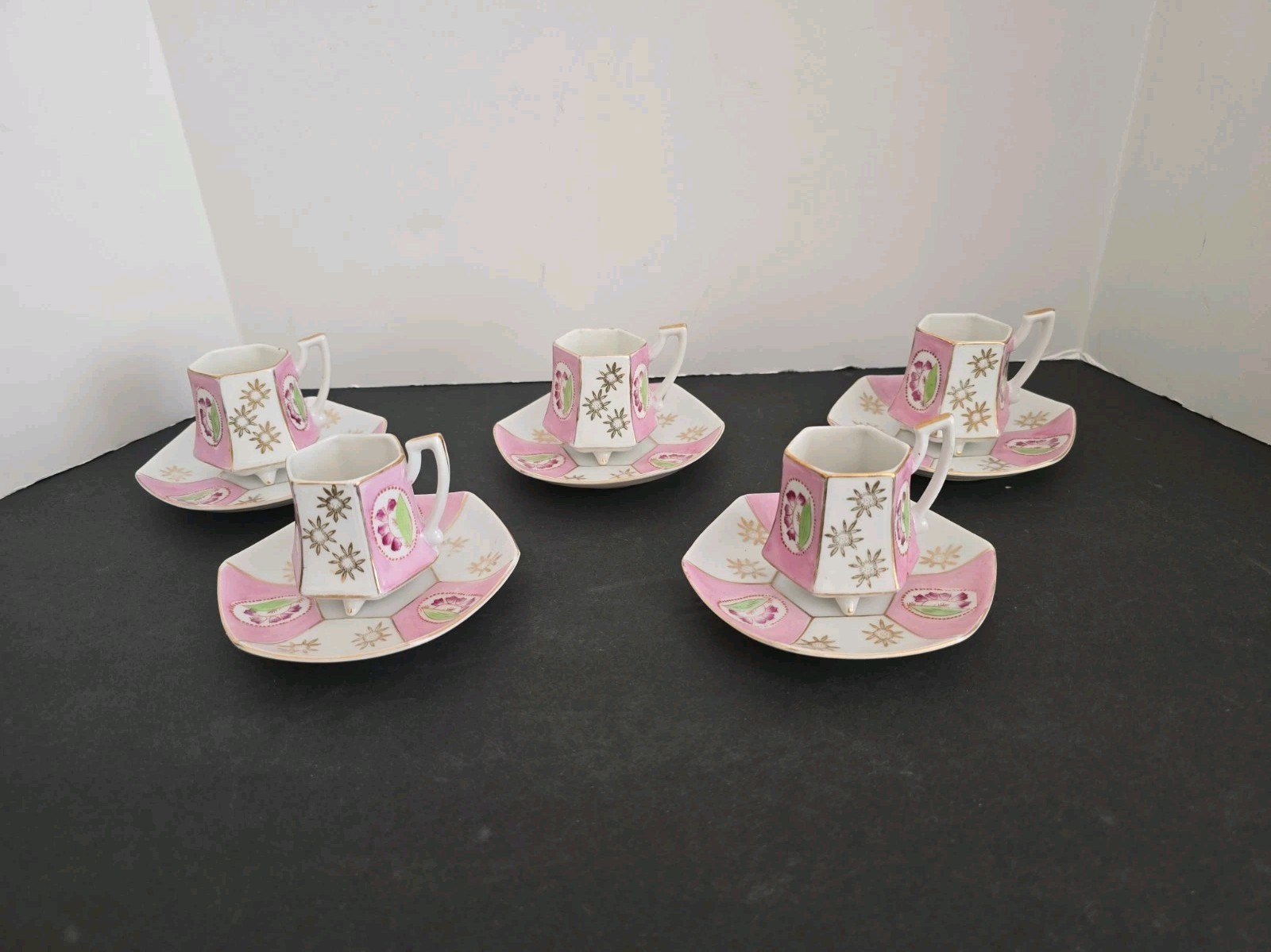 Set 5 Vtg Porcelain Royal Sealy Footed Teacup & Saucer Hand Painted Japan Pink