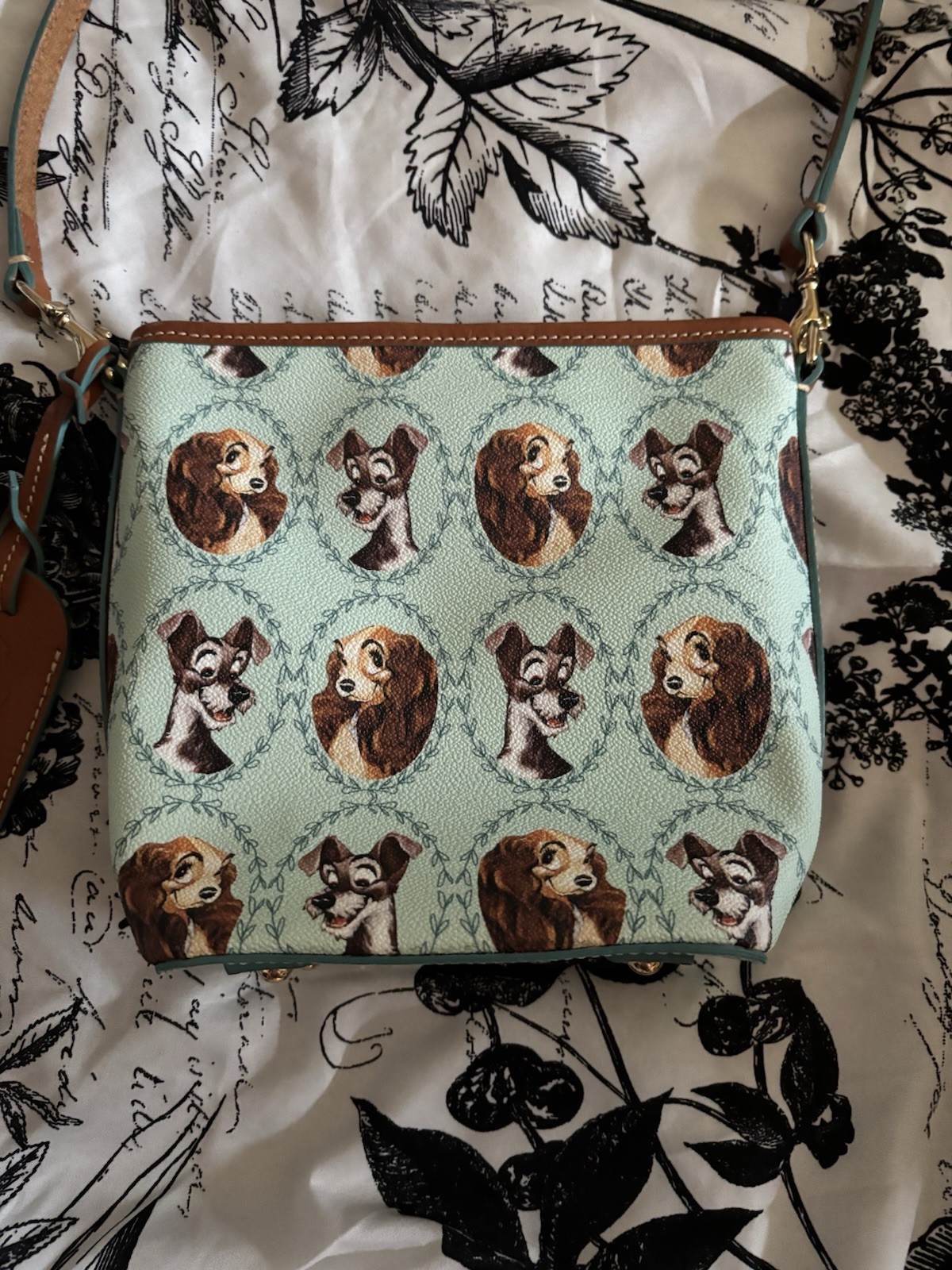 Disney Lady & the Tramp Character Print Zip Crossbody Bag Light Blue Brown