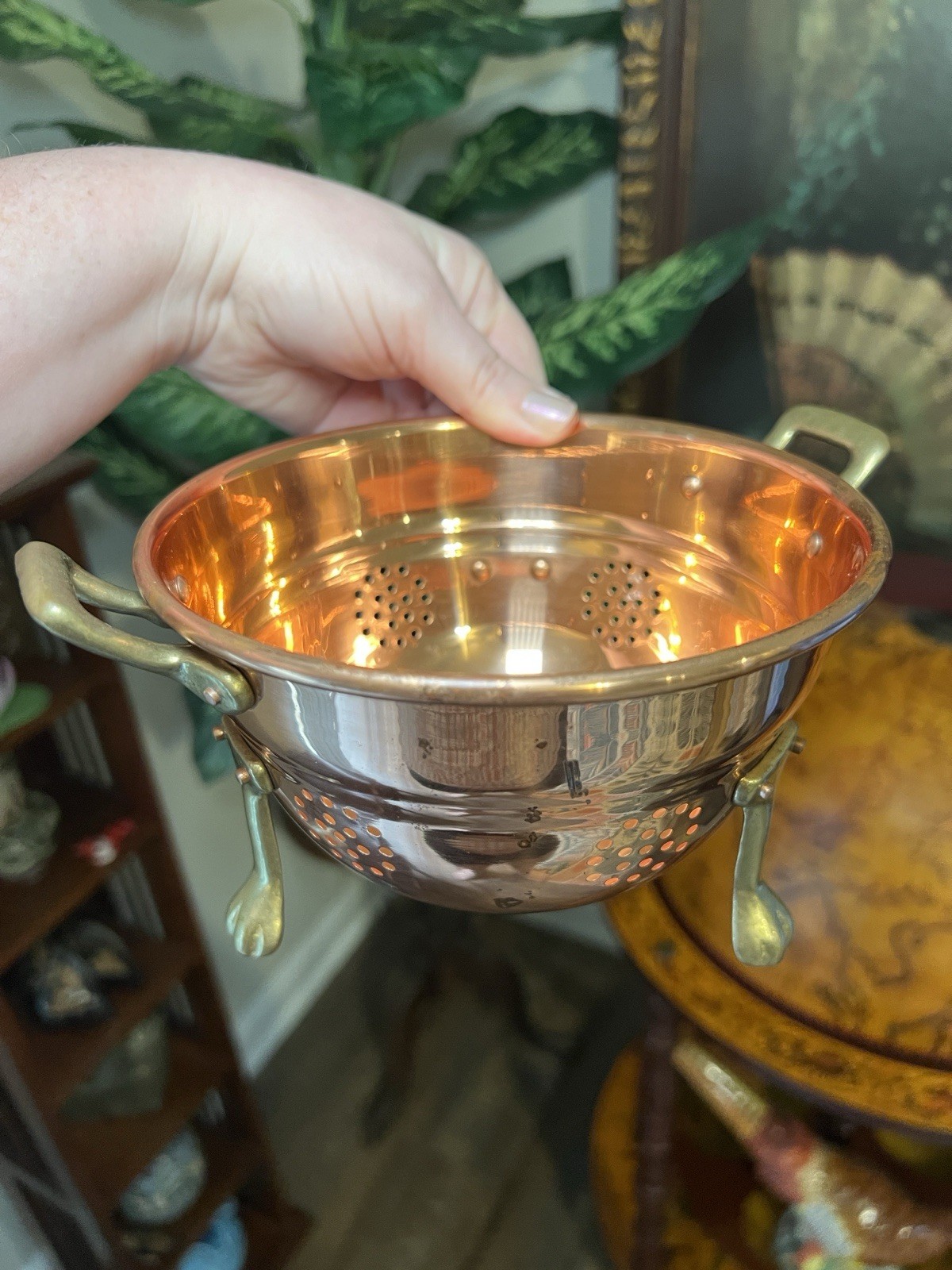 Vintage French Country Cottage Copper Colander Strainer Brass Handles Claw Feet Vintage French Country Cottage Copper Colander Strainer Brass Handles Claw Feet