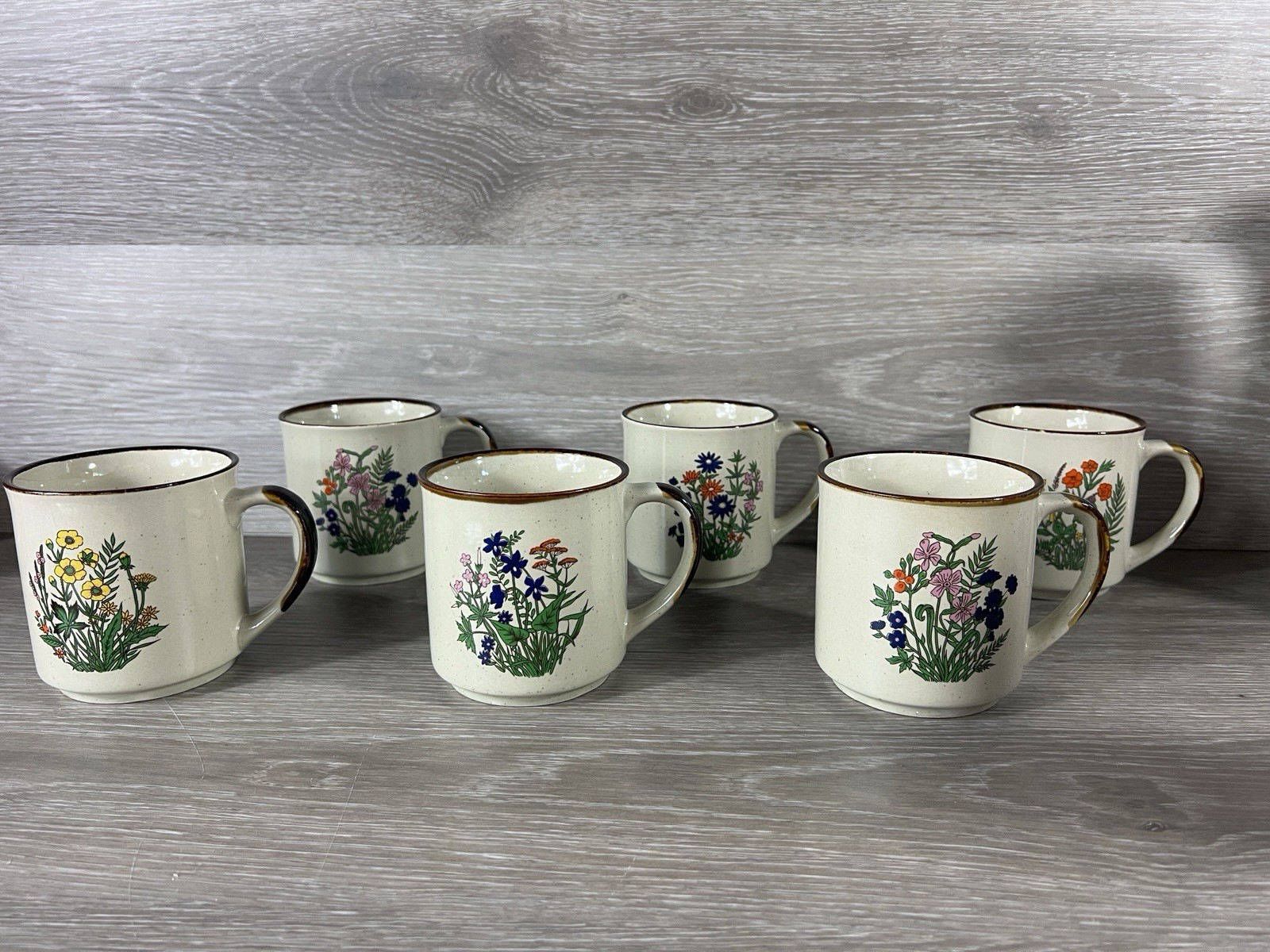 Vintage 70s Stoneware Wildflower Coffee Mugs Set of 4 Japan Speckled Cottagecore