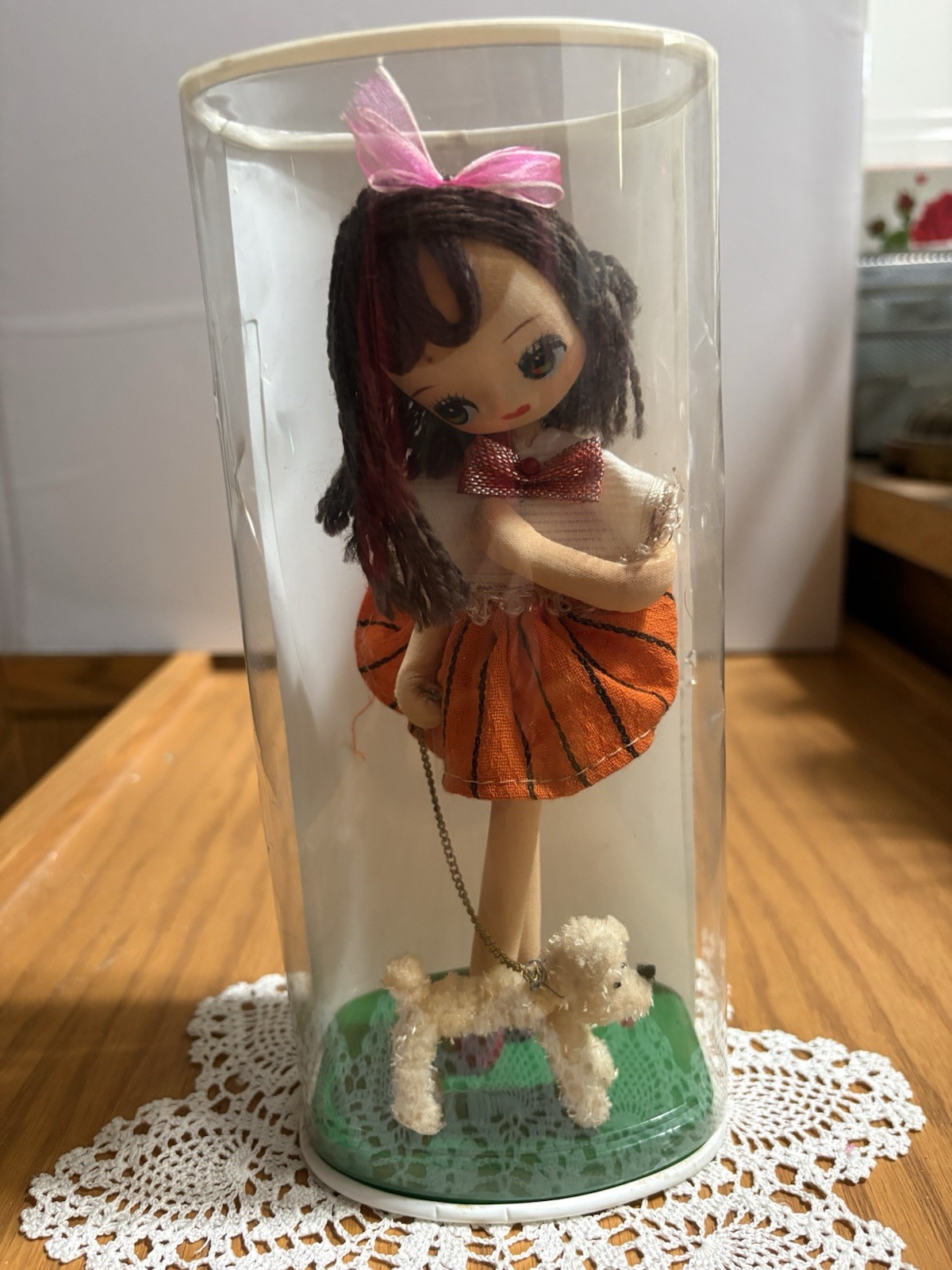 Retro 1960's Japanese Big Eye Stockinette Doll w/Dog & Chain NEW in Container