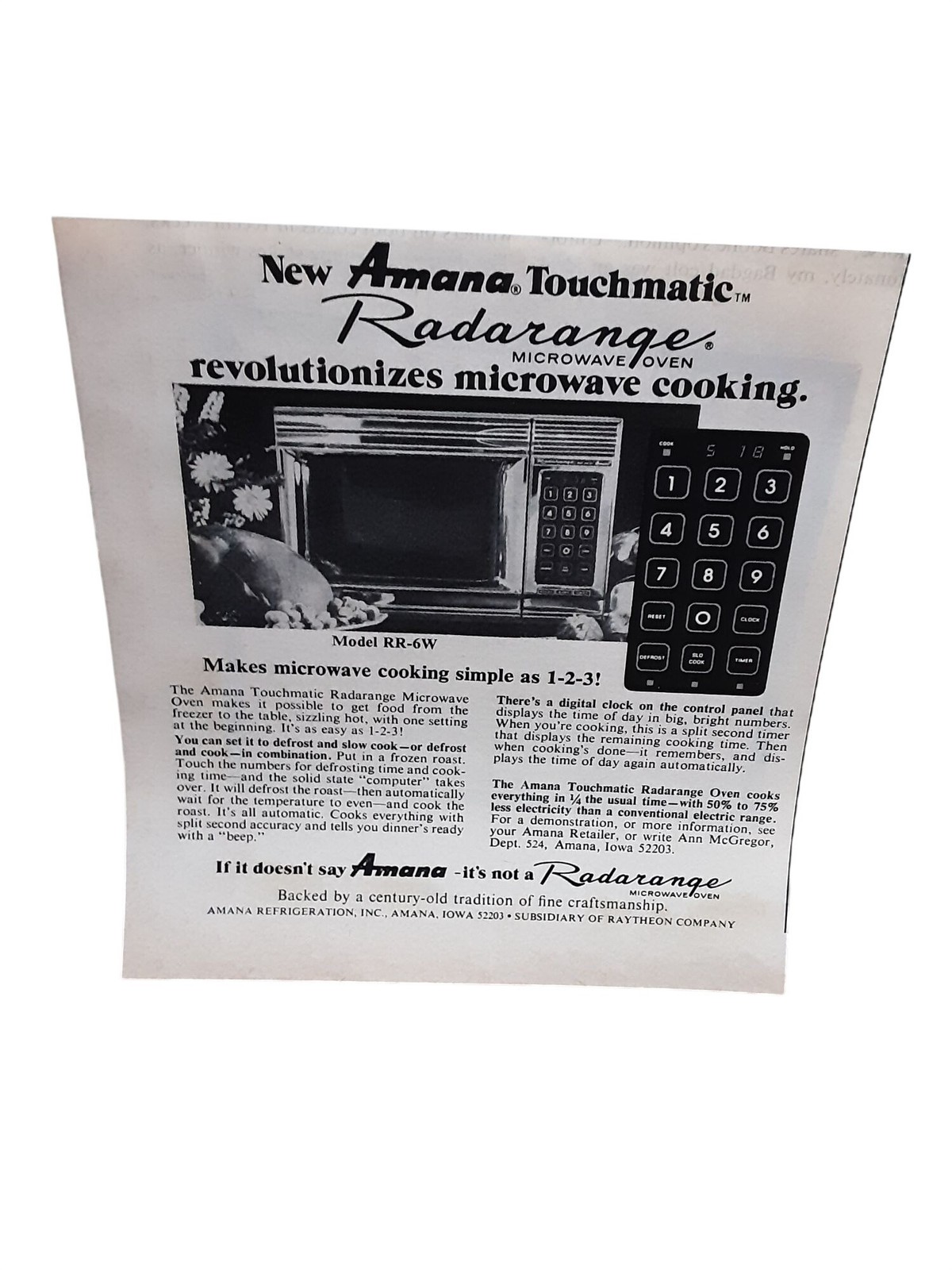 1975 Amana Touchmatic Radarange Microwave Oven Vintage Print Ad RR-6W 1975 Amana Touchmatic Radarange Microwave Oven Vintage Print Ad RR-6W