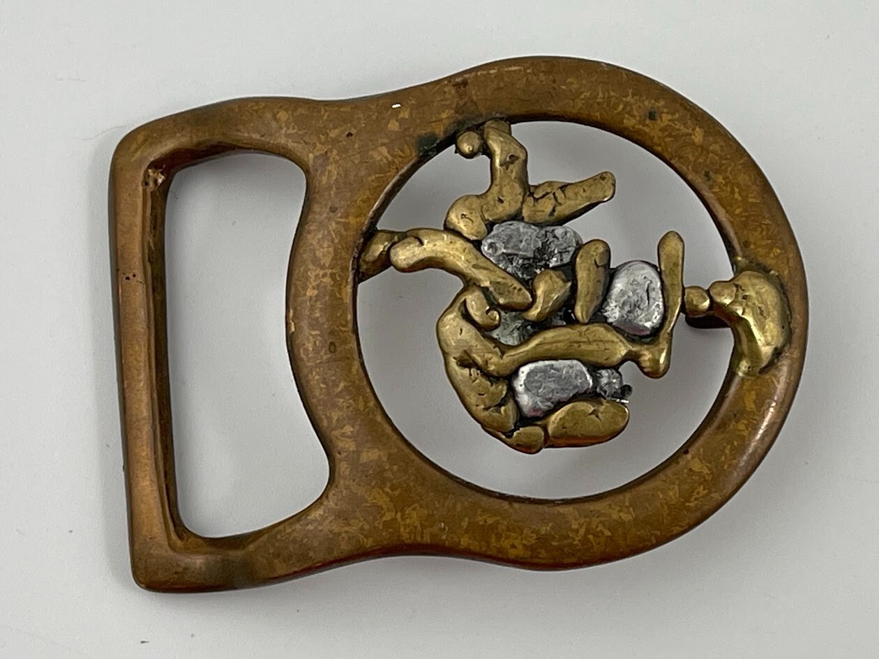 Vintage Abstract Pattern Brutalist Hippie Brass Bronze Belt Buckle Hammered
