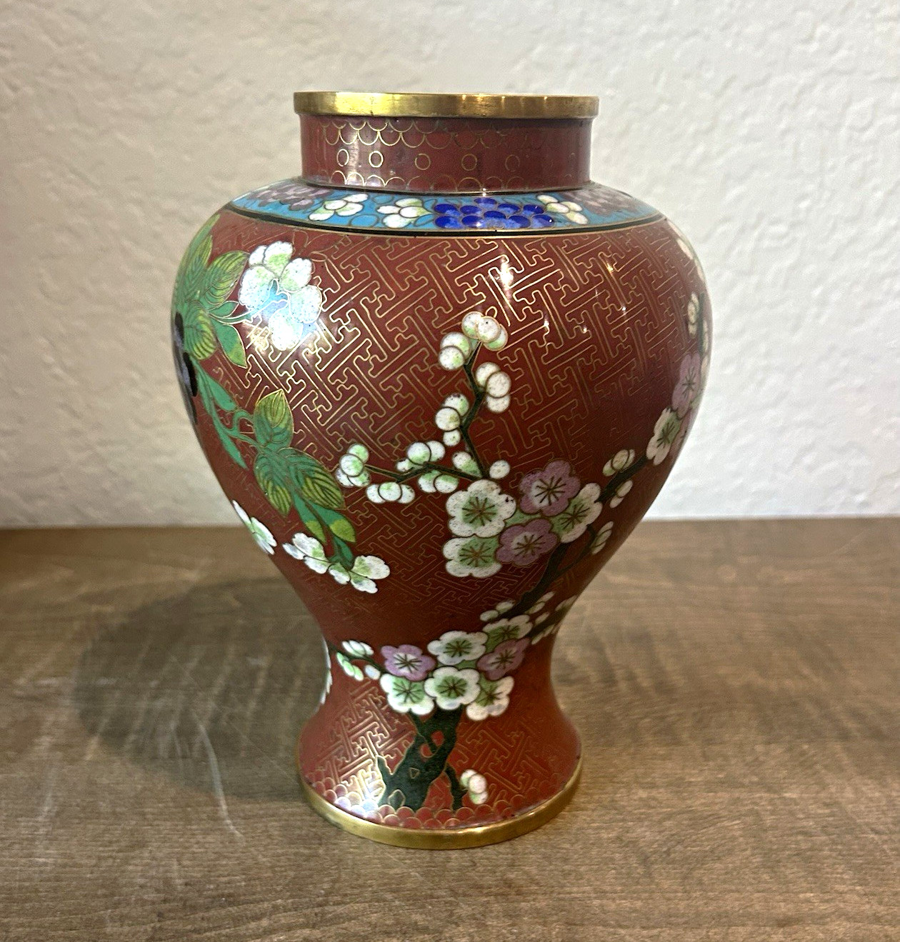 Vintage Chinese Red Cloisonné Floral Vase – Mid-Century Export Brass