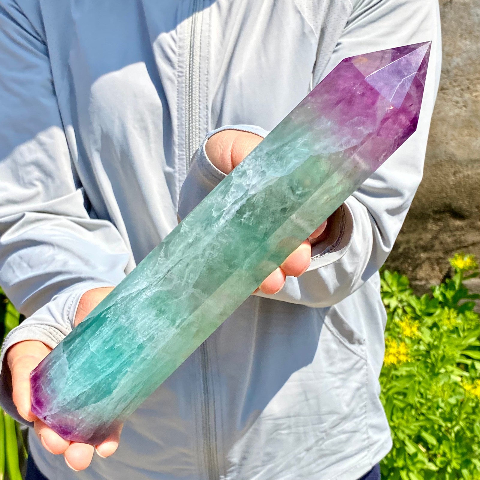 2.13LB Natural Rainbow Fluorite Obelisk Quartz Crystal Wand Tower Point Healing