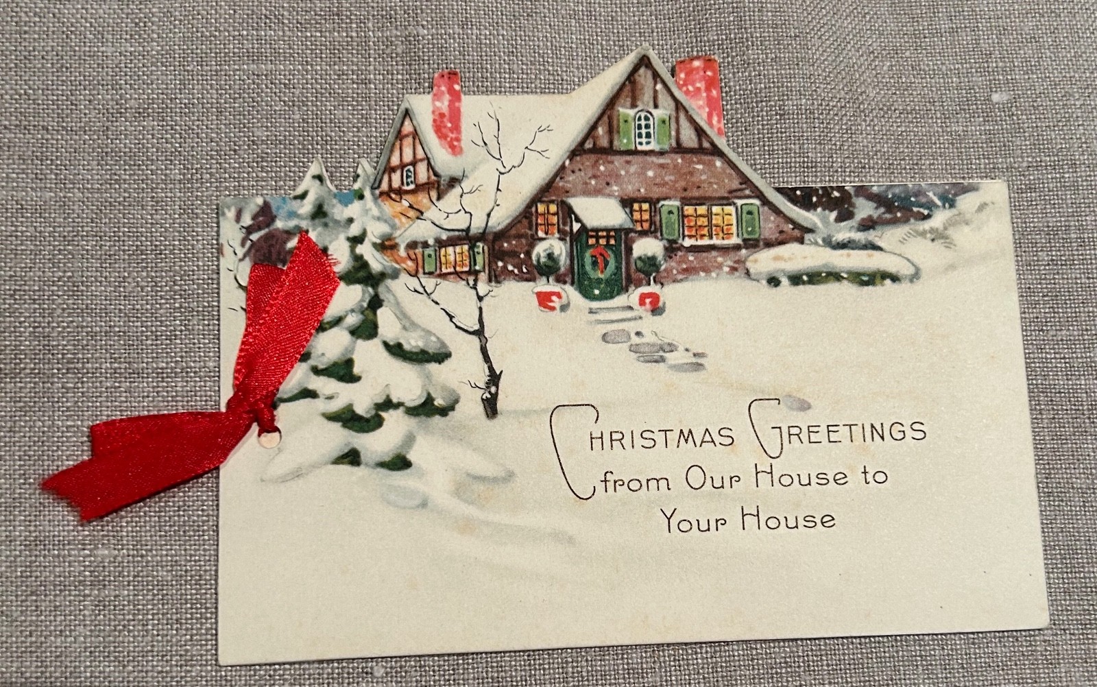Antique 1920s Art Deco Christmas Card Tudor House Die Cut Ribbon Wreath Snow