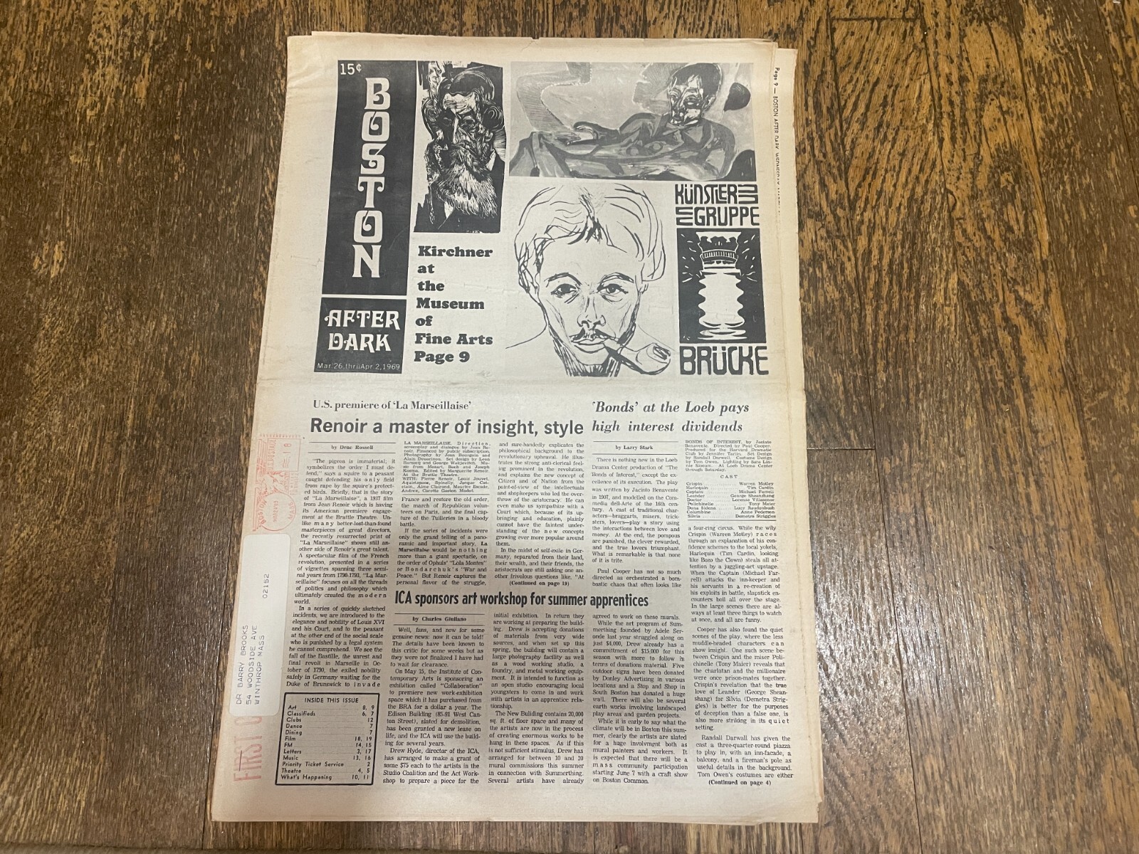 Boston After Dark Newspaper March 1969 Renoir Laura Nyro J. Geils Taj Mahal Ads