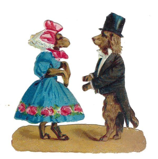 1888 Chromo decoupis, Victorian DOG COUPLE DANCE, Antique Die-Cut Scrap, 2-3/4\ 1888 Chromo decoupis, Victorian DOG COUPLE DANCE, Antique Die-Cut Scrap, 2-3/4\