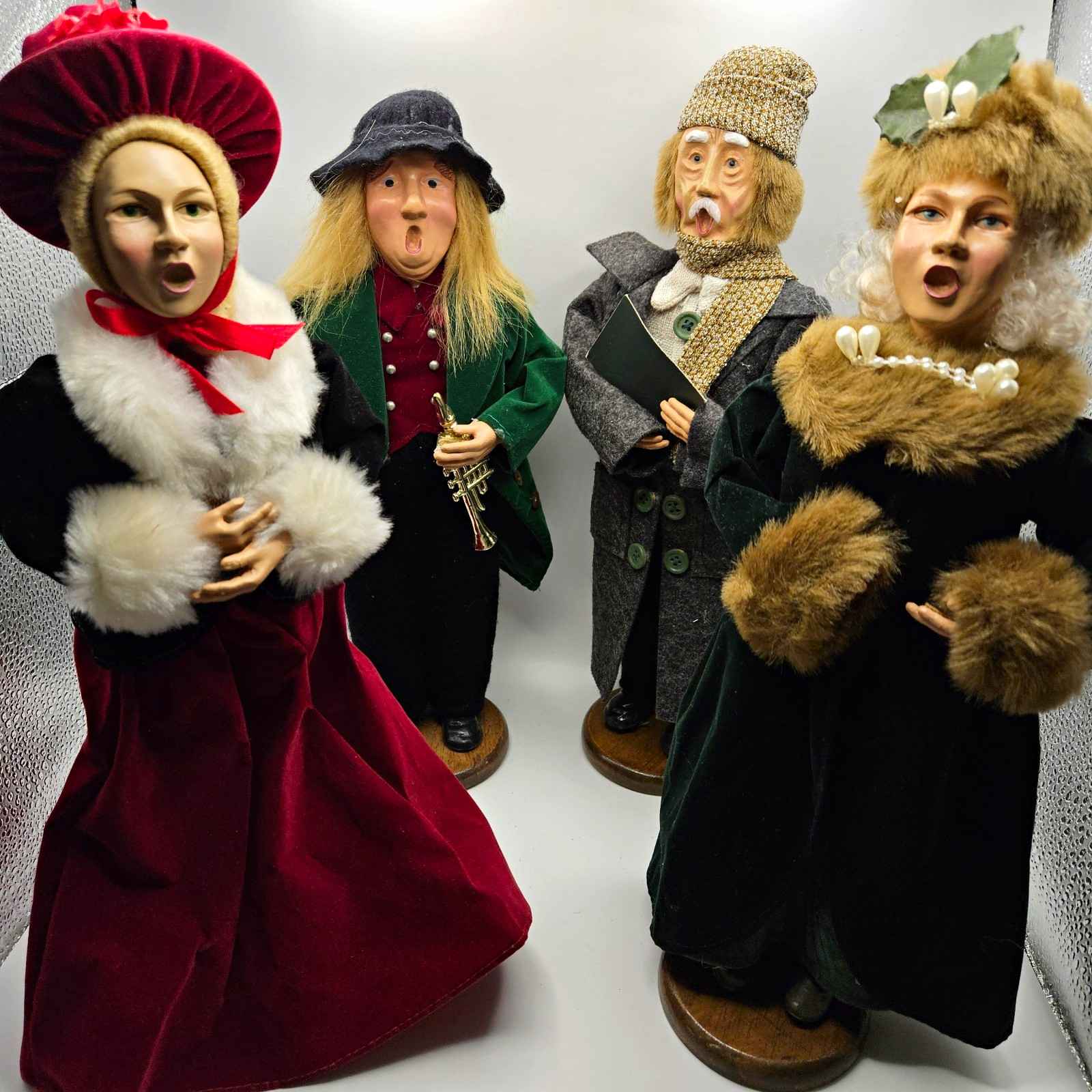 Set of 4 Vtg Christmas Caroler Victorian Style Figurines on Wooden Bases 1990\'s Set of 4 Vtg Christmas Caroler Victorian Style Figurines on Wooden Bases 1990\'s