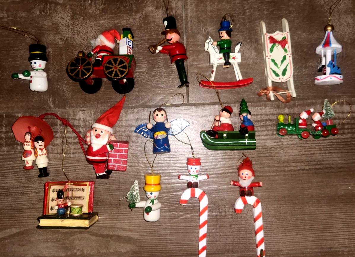 15 Vintage Wooden Christmas Ornaments Hand Painted Santa Snowman Candy Cane