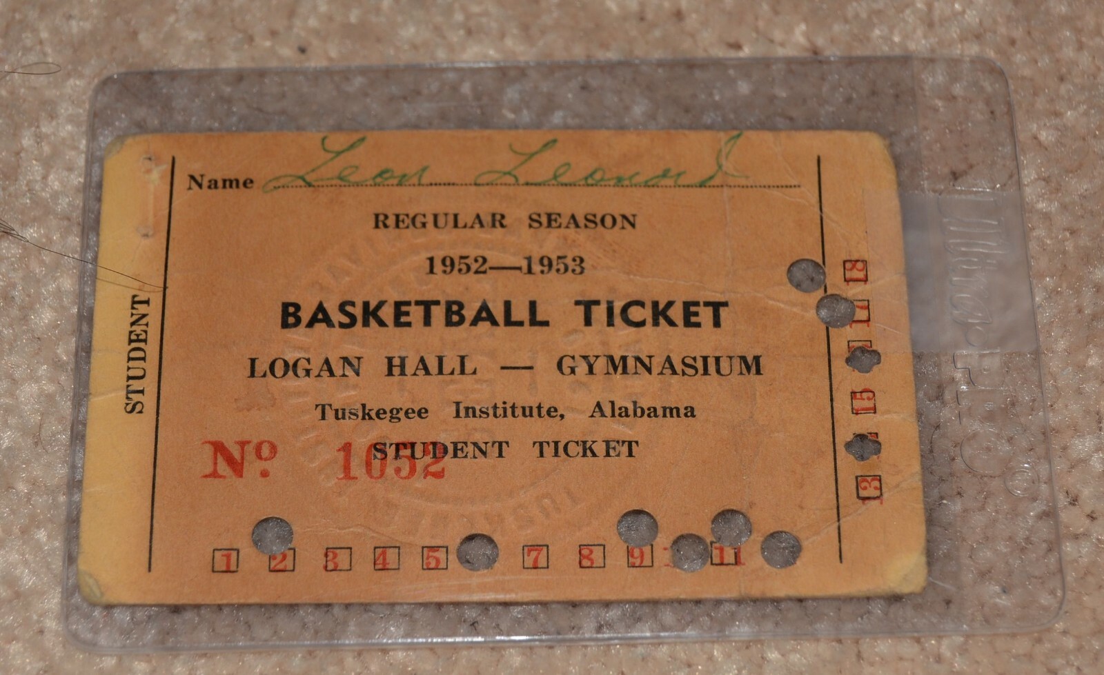 1952-1953 BASKETBALL TICKET TUSKEGEE INSTITUTE ALABAMA LOGAN HALL VERY RARE
