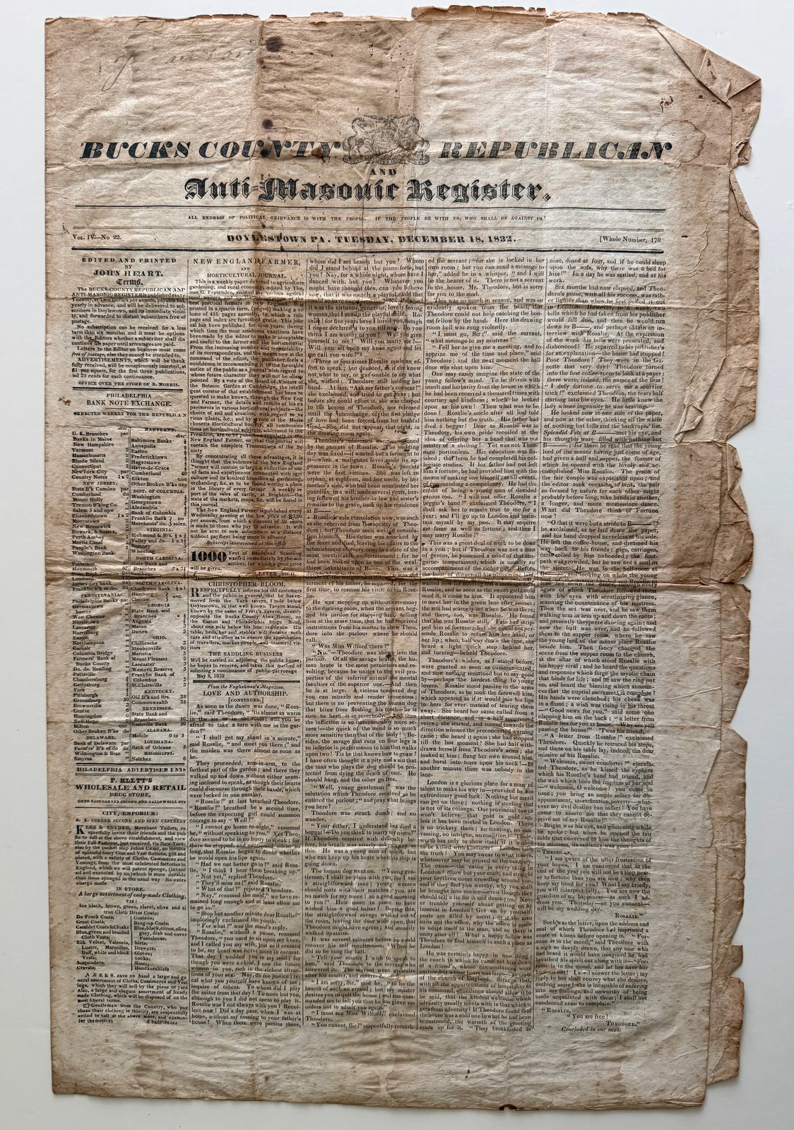 1832 Anti-Masonic Newspaper – Bucks County Republican & Anti-Masonic