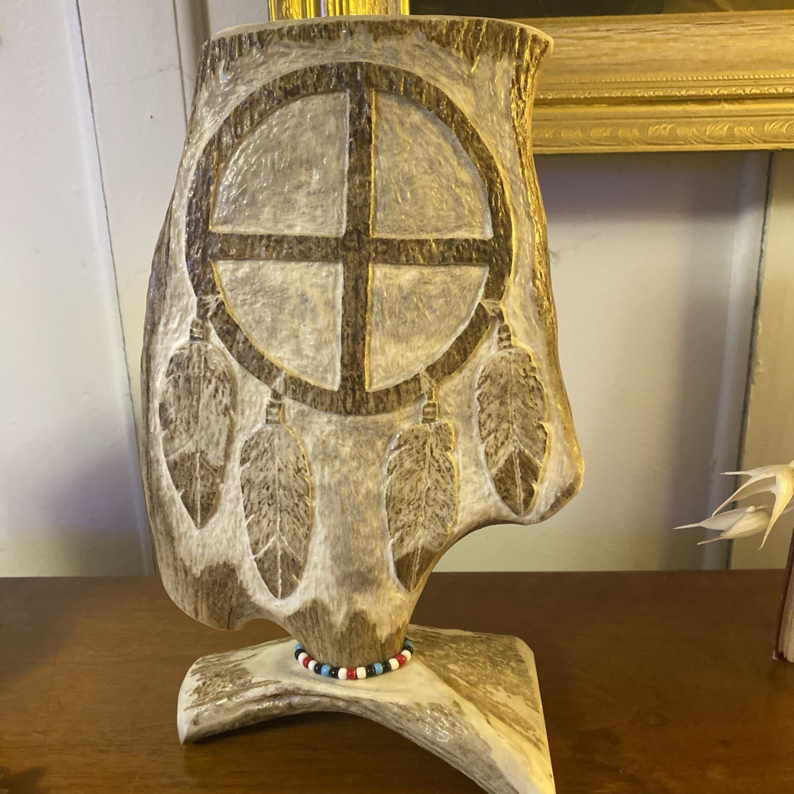 Vintage 1998 Signed 'Trail Walker' Moose Antler Medicine Wheel Carving Vintage 1998 Signed 'Trail Walker' Moose Antler Medicine Wheel Carving