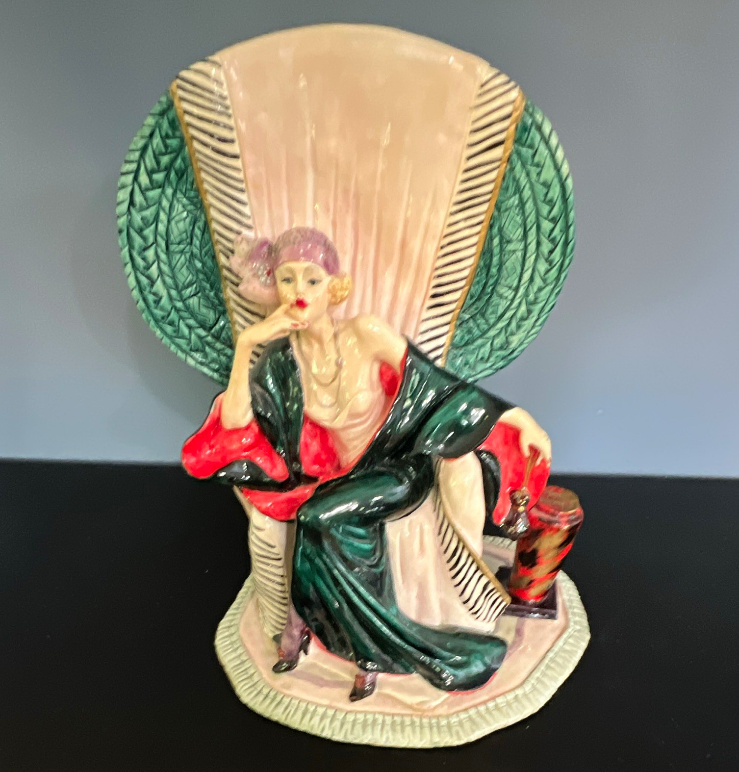Art Deco Style Seated Woman Figurine w/ Chair, Glazed Glossy Ceramic, Flapper