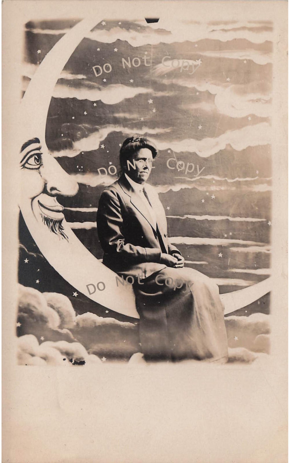 Man in the Woman on Crescent Moon Carnival Studio RPPC Photo Vtg Postcard I38