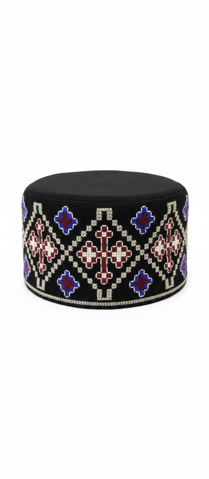 Georgian Khevsurian Embroidered Orthodox Skufia Hat with Christian Crosses