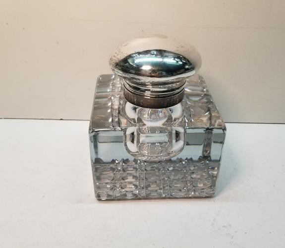 Large Antique Gorham Sterling Silver Cut Crystal Square Inkwell D1858 - EXC