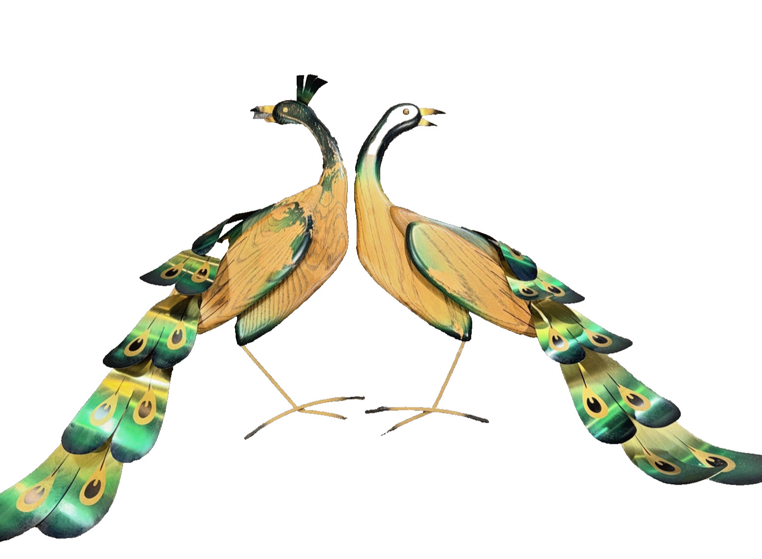 RARE 2 Pc Mid Century Wood Metal Wall Art Peacocks Masketeers Inc 1965