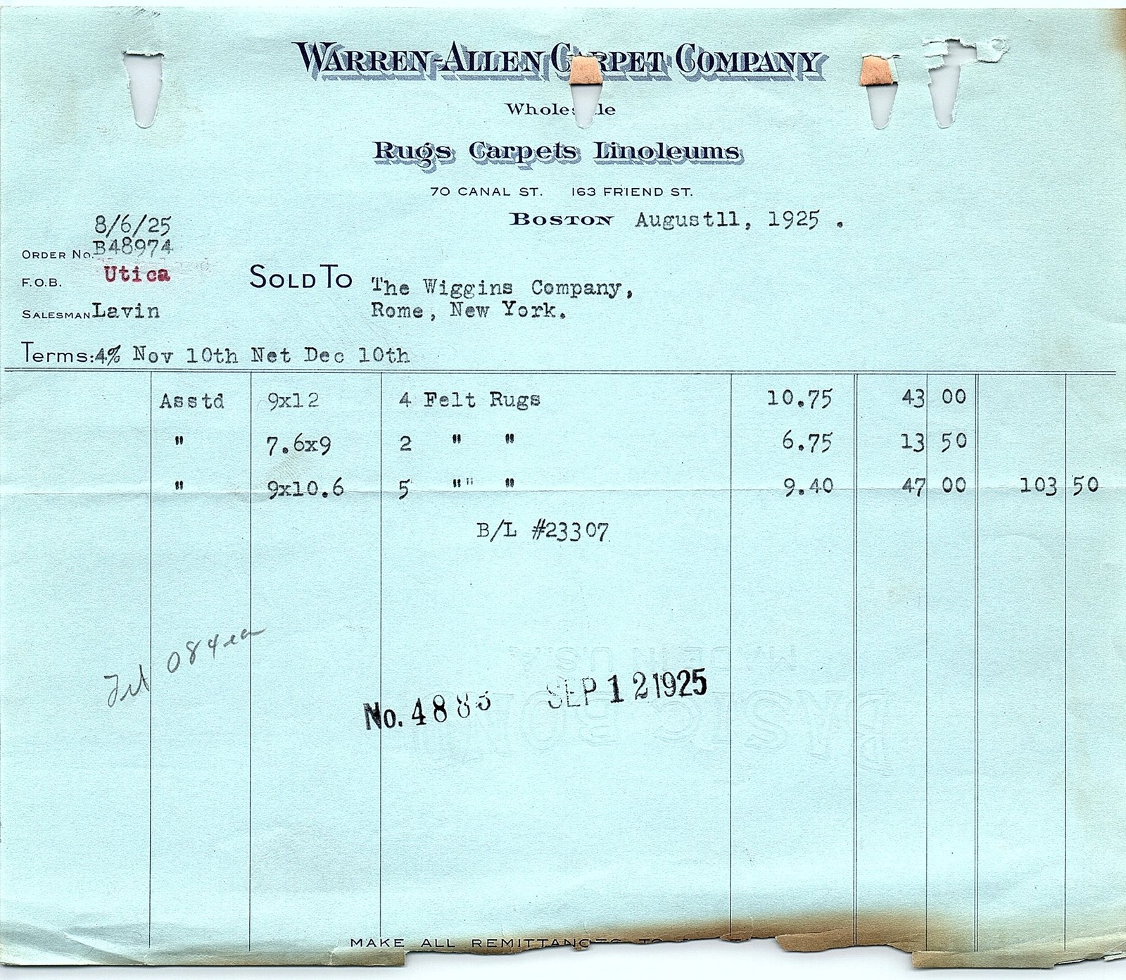 1925 Warren-Allen Carpet Company Billhead, Boston/Utica 1925 Warren-Allen Carpet Company Billhead, Boston/Utica