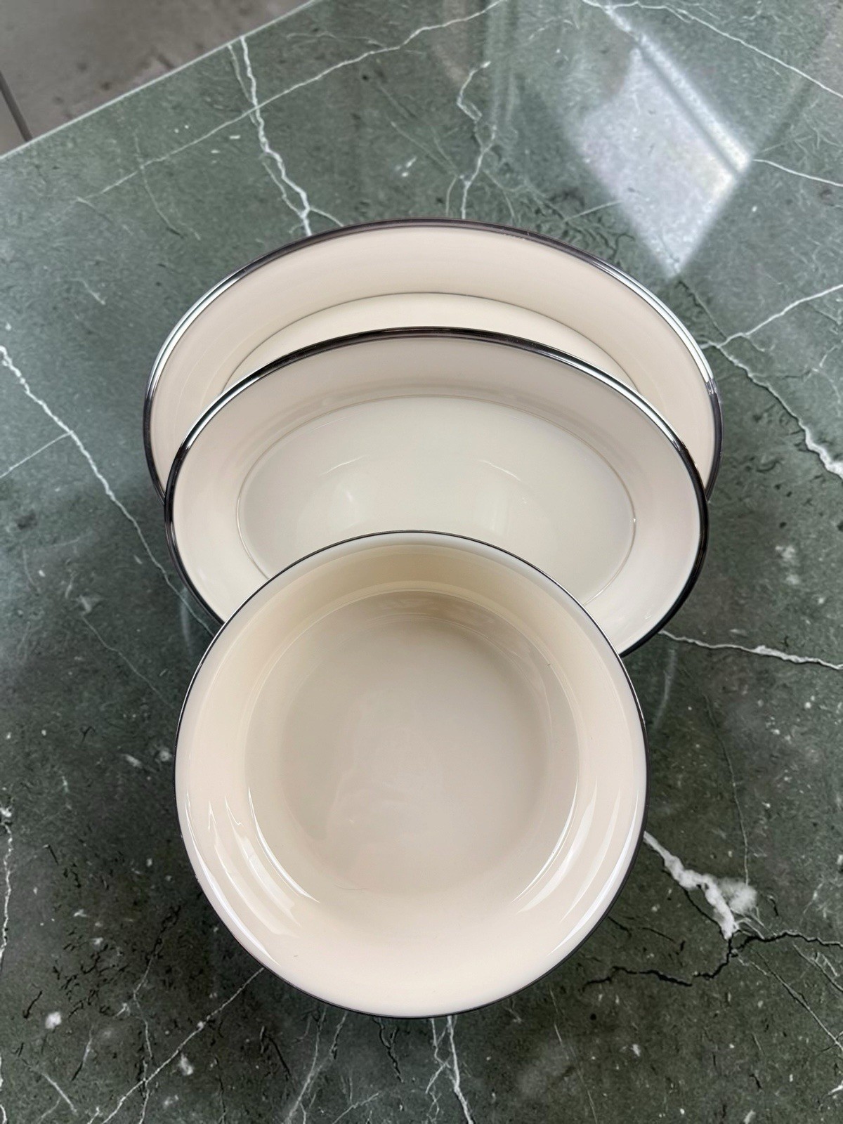 Lenox Solitaire 3 Piece Hostess Serving Set Platters & Bowl Platinum Trim