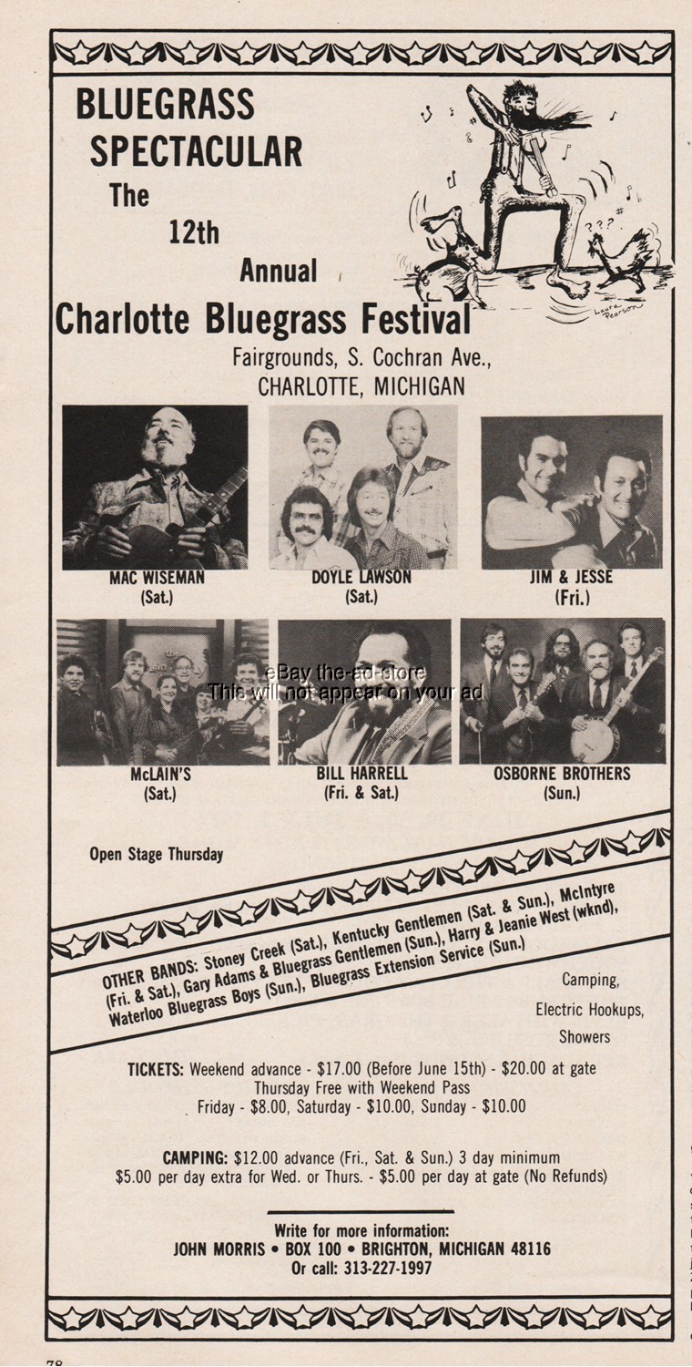 1984 Charlotte Bluegrass Festival Michigan Mac Wiseman Doyle Lawson Promo Ad