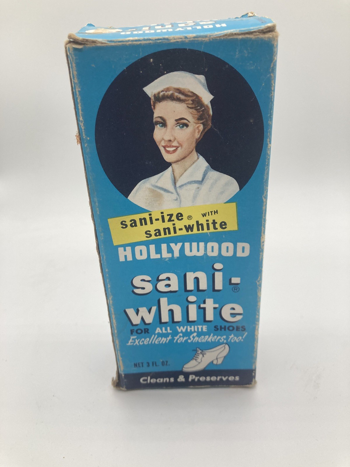 VINTAGE HOLLYWOOD SANI-WHITE SHOE POLISH/CLEANER - Box and half full bottle 