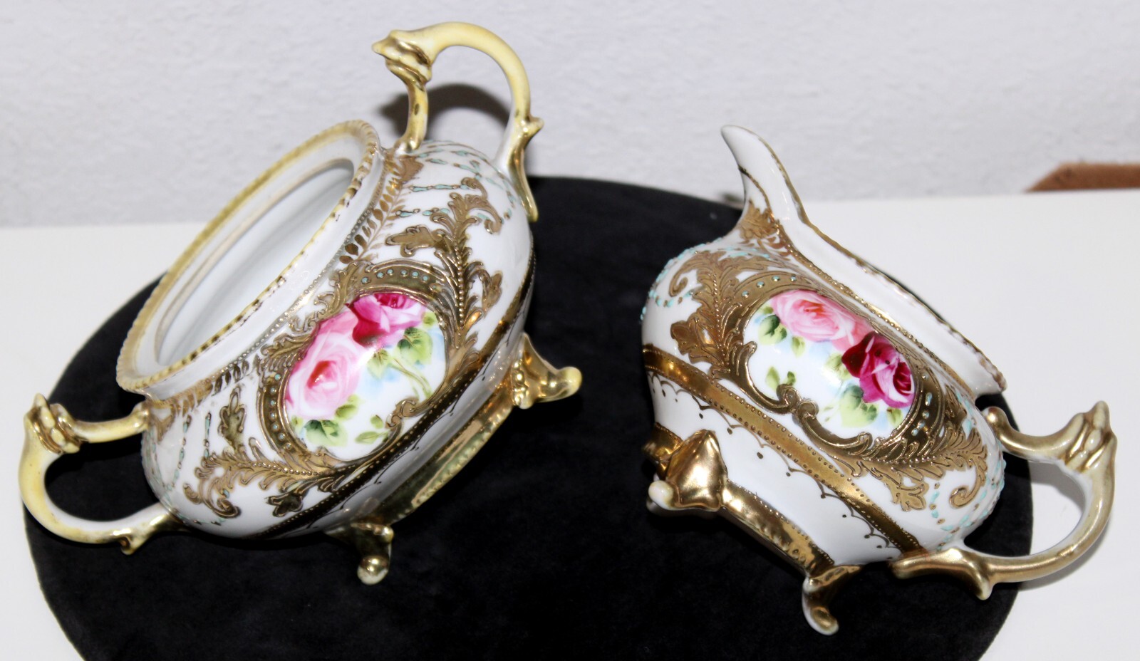 Nippon Sugar Creamer Gold Encrusted Hand Painted Red Pink Roses Blue Flower Mark Nippon Sugar Creamer Gold Encrusted Hand Painted Red Pink Roses Blue Flower Mark