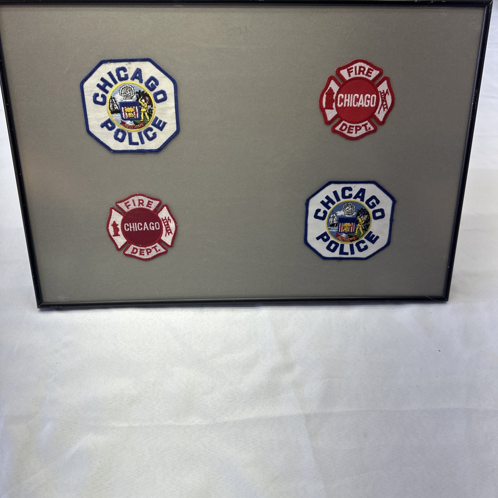 Vintage Chicago Police Fire Dept Patches Framed  Dimensions 21”x14.5”