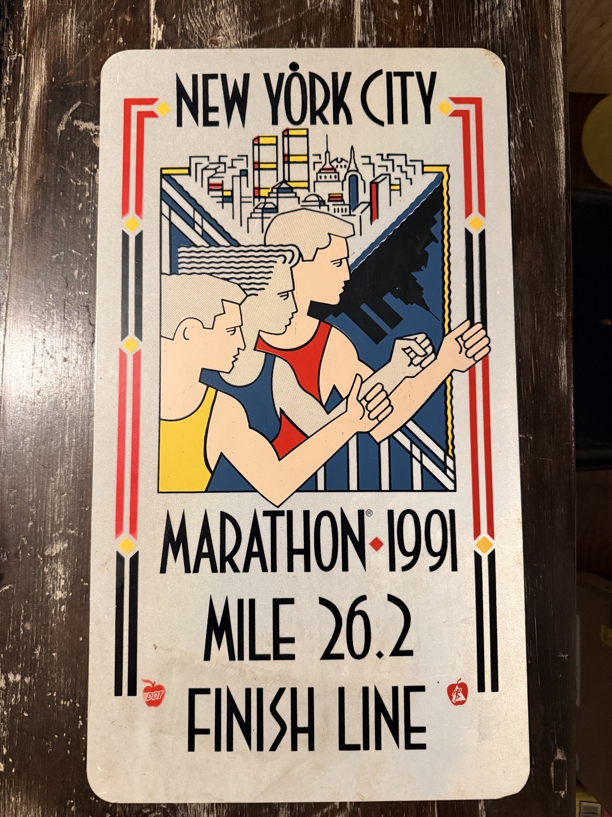 Vintage 1991 NYC Marathon Official Metal Course Sign - Mile 26.2 Finish Line DOT