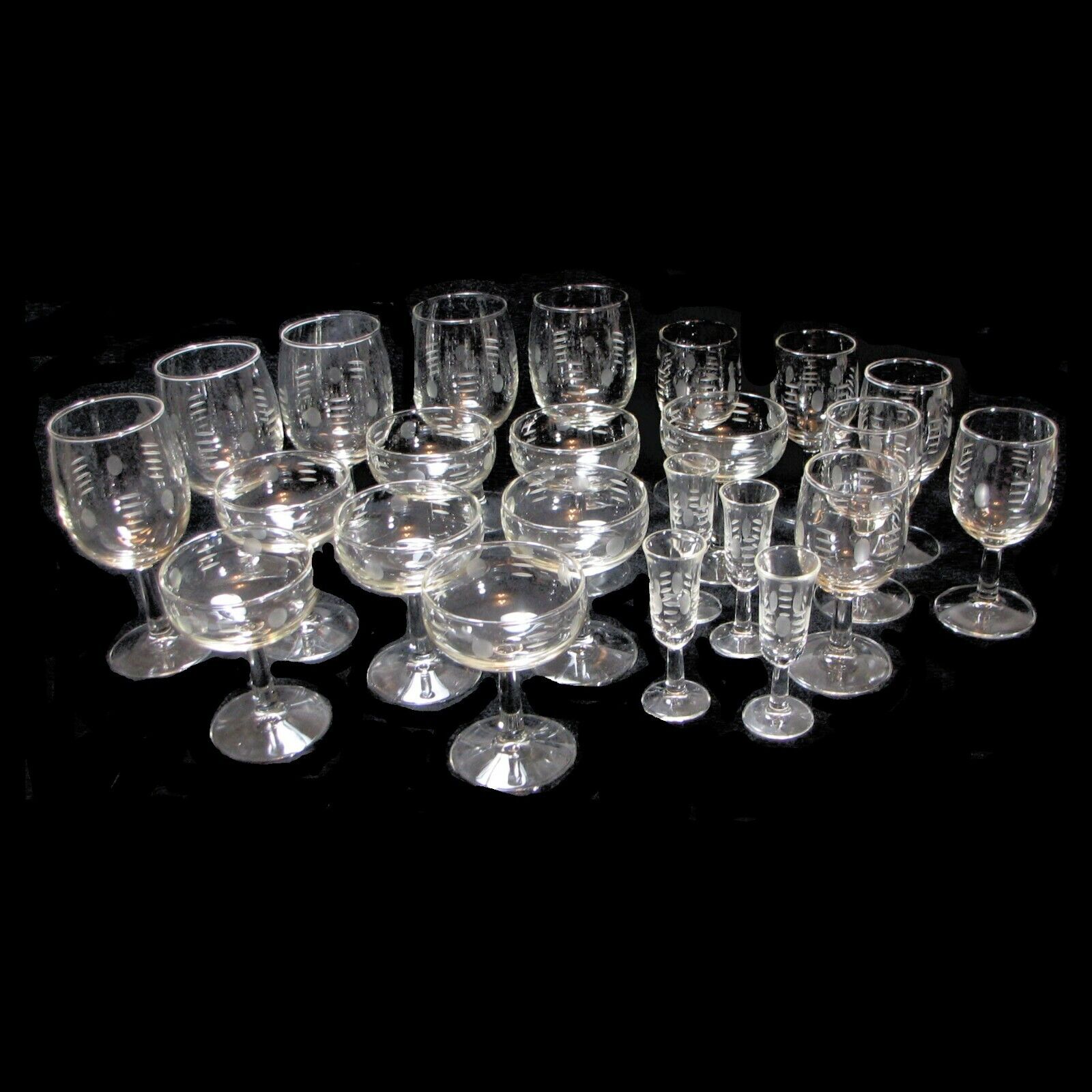 Vintage Set of 25 Glass Stemware, Etched Polka Dots & Dash Pattern Wine Cordials