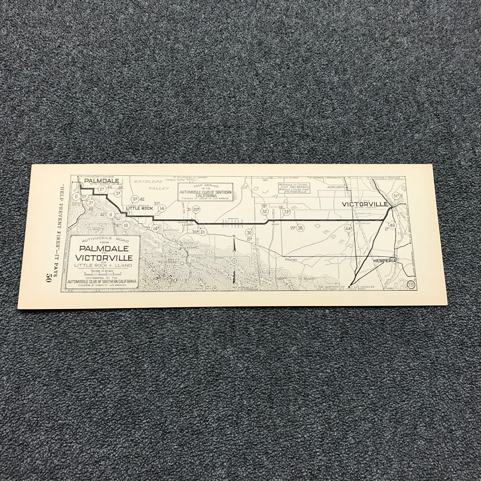 1920s AAA Auto Club SoCal Strip Map Palmdale to Victorville Little Rock Llano 50