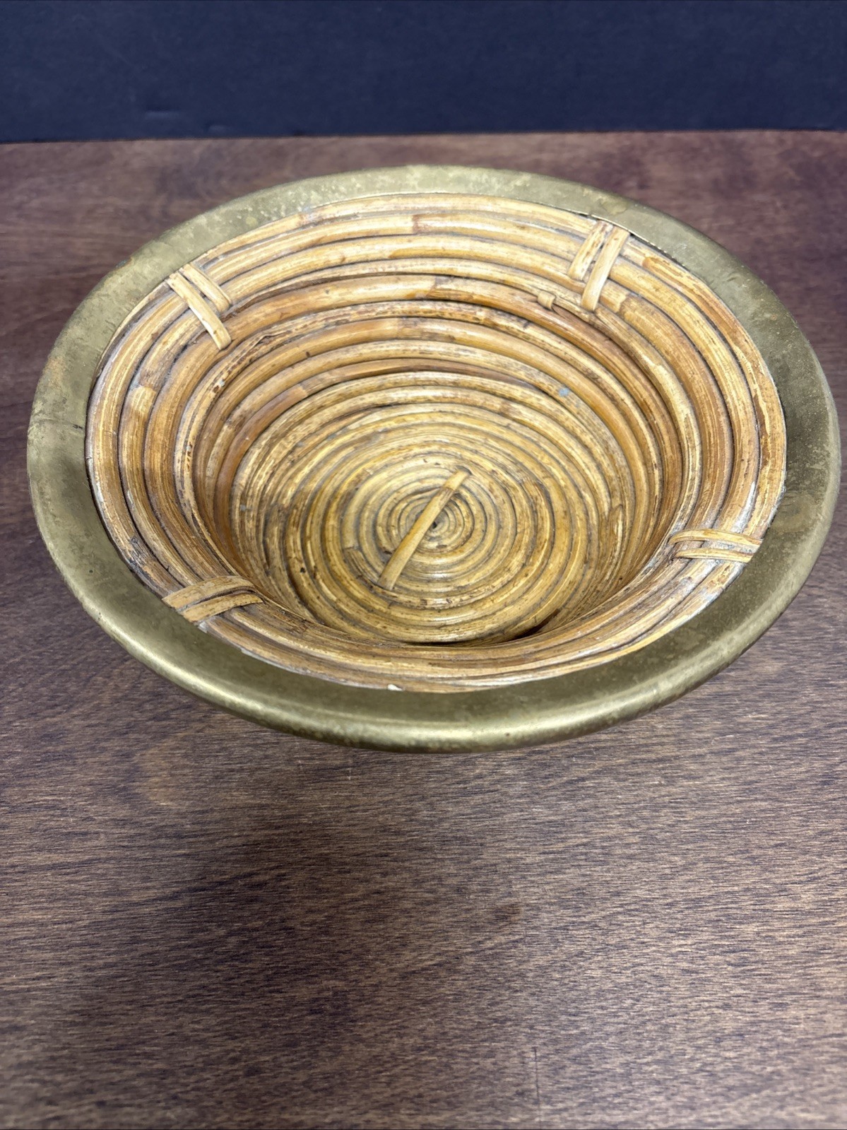 Vintage Gabriella Crespi inspired style pencil reed rattan and brass round bowl