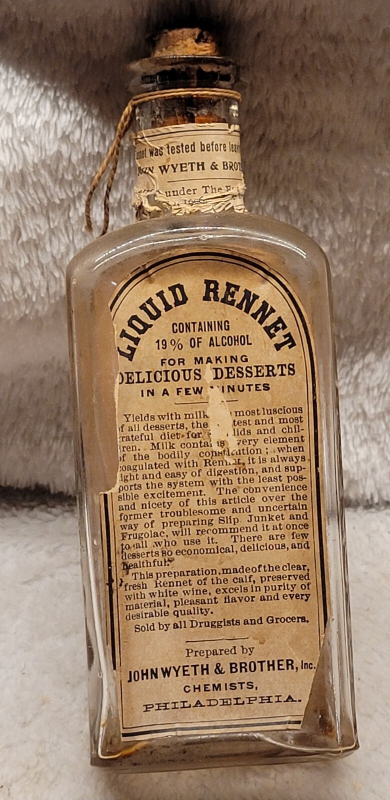 EMPTY LIQUID RENNET JOHN WYETH & BROTHER PHILADELPHIA EMBOSSED w ORIGINAL LABEL