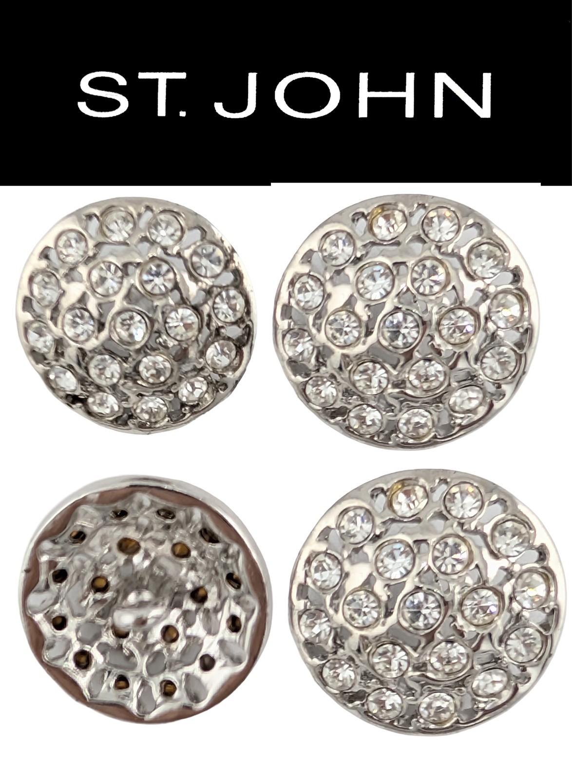 St John Knits (0.85 Inch) Silver Tone Ice Crystal Replacement Buttons (4) St John Knits (0.85 Inch) Silver Tone Ice Crystal Replacement Buttons (4)