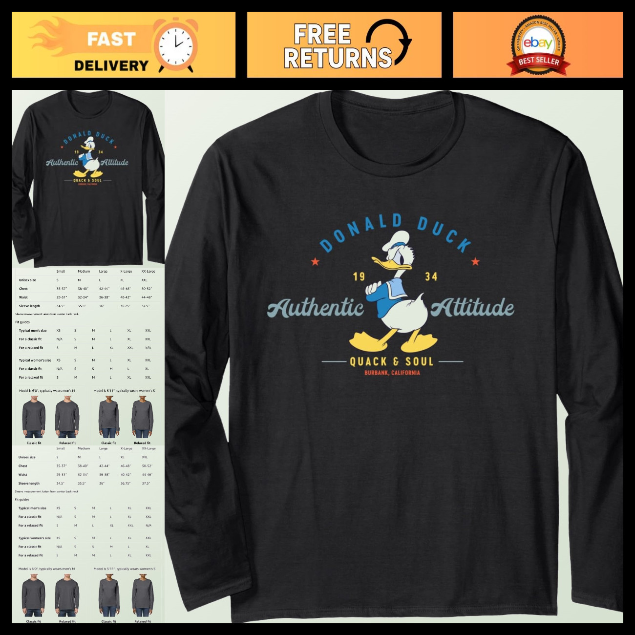Disney Donald Duck Authentic Attitude Retro Vintage Long Sleeve T-Shirt
