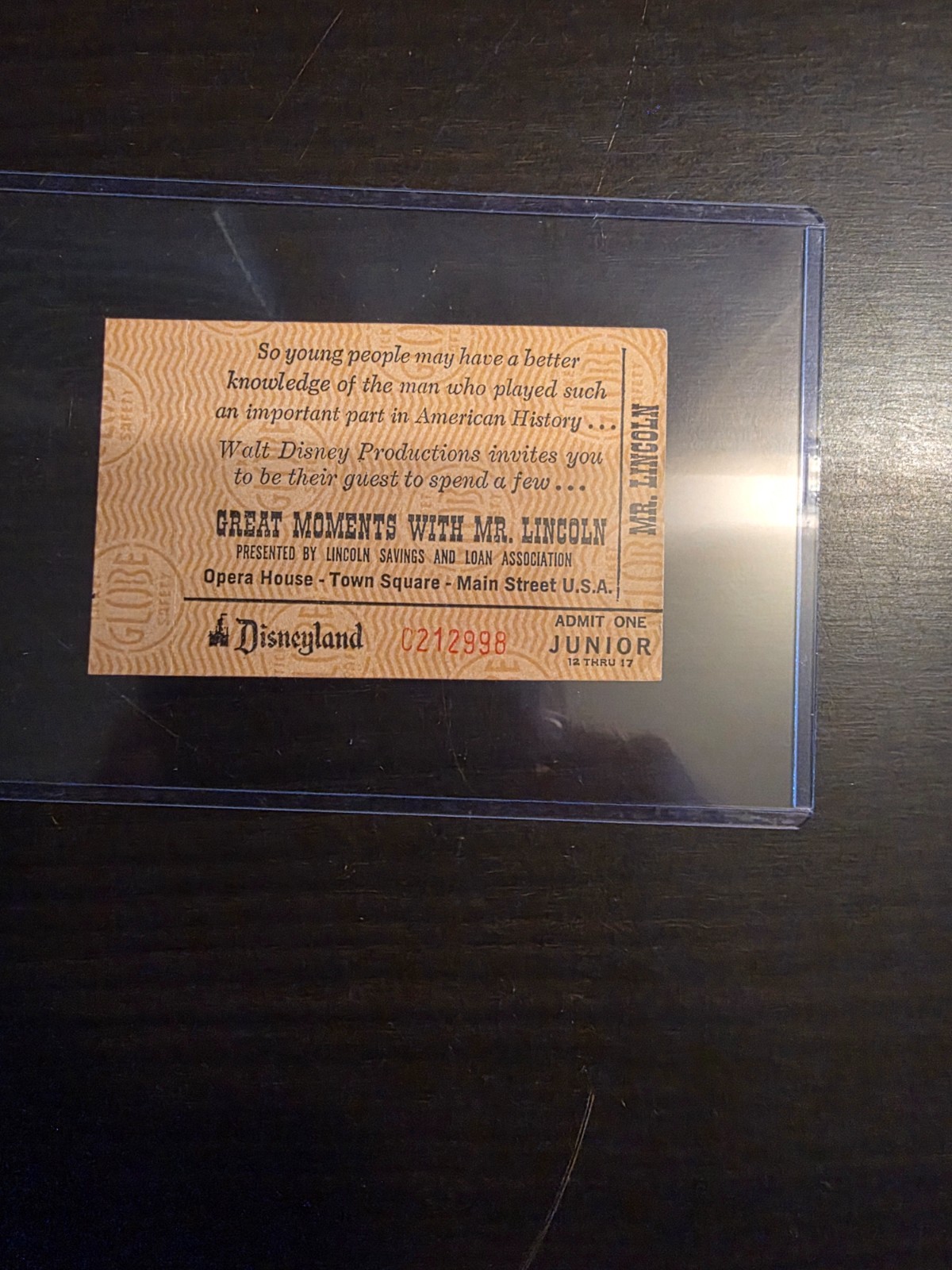  Vintage Great Moments with Mr. Lincoln junior ticket excellent condition 1960's