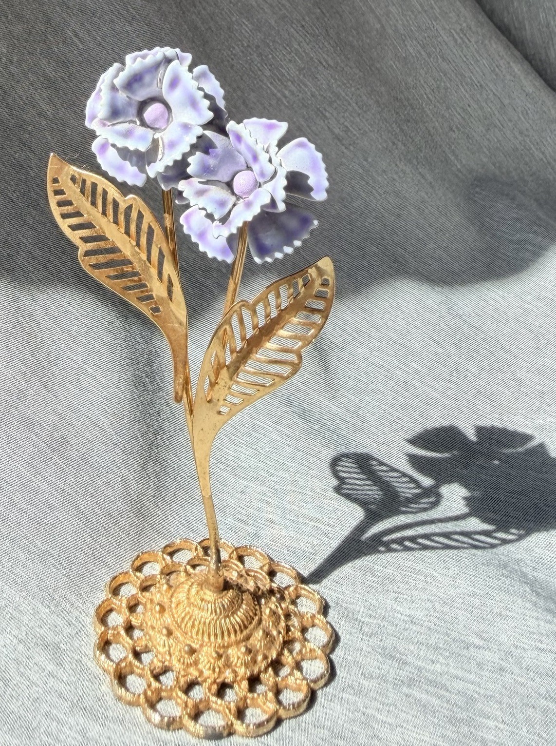 Vintage Gold Tone Enamel Flower Figurine Lavender Purple Filigree Base 4.5\