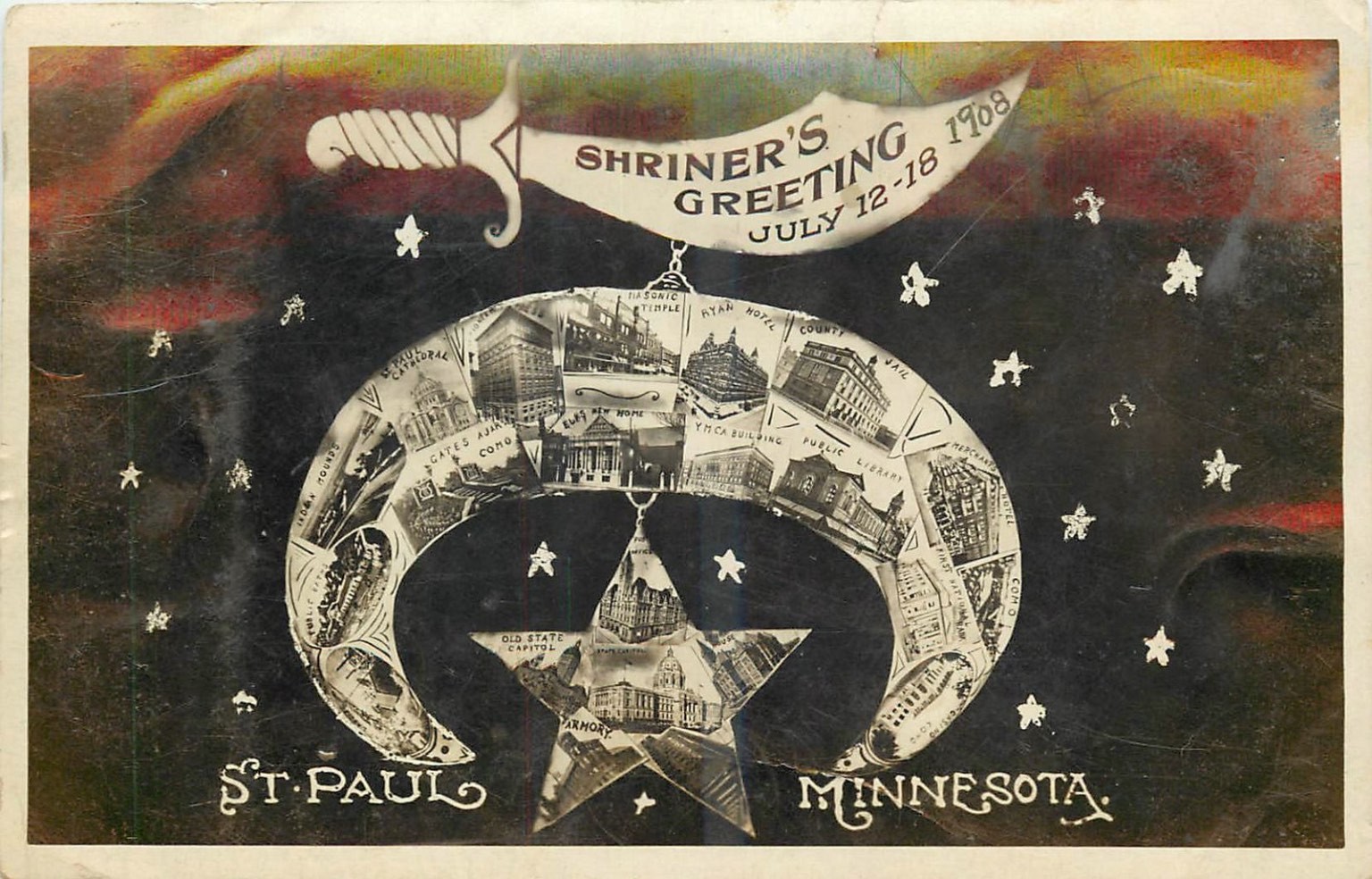 1908 St. Paul Minnesota Shriner's Greeting RPPC Postcard Crescent Star Collage 1908 St. Paul Minnesota Shriner's Greeting RPPC Postcard Crescent Star Collage