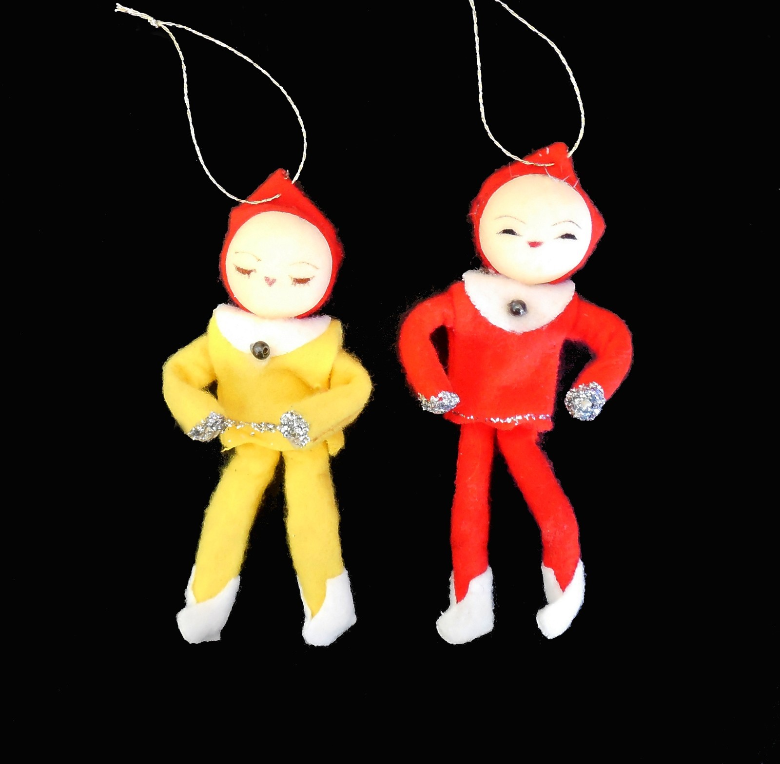 Vintage Felt Christmas Elf Pixie Ornaments 2 pc Lot 1950s Posable Stockinette Vintage Felt Christmas Elf Pixie Ornaments 2 pc Lot 1950s Posable Stockinette