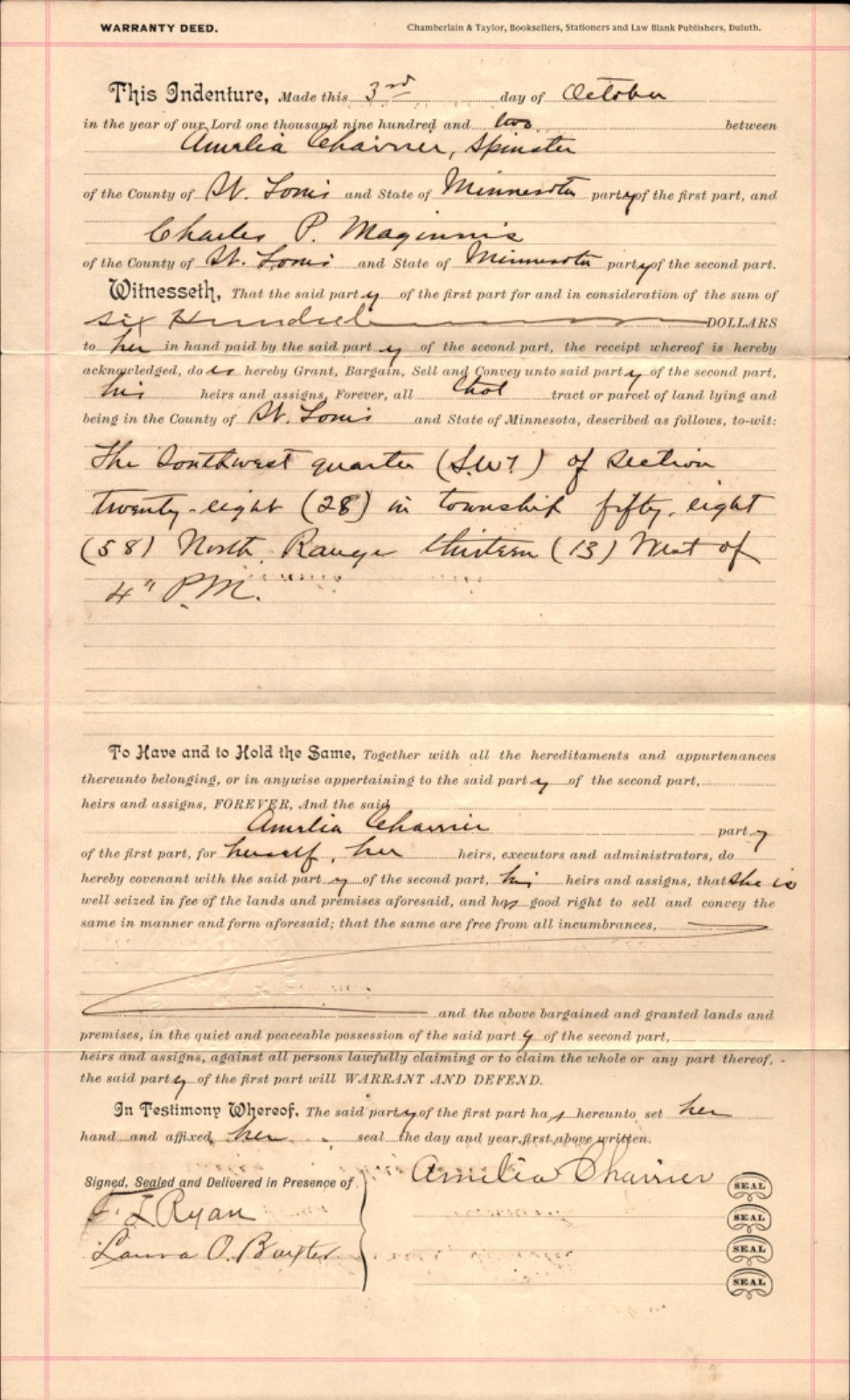 1902 MINNESOTA, ST. LOUIS COUNTY antique legal land purchase doc WARRANTY DEED