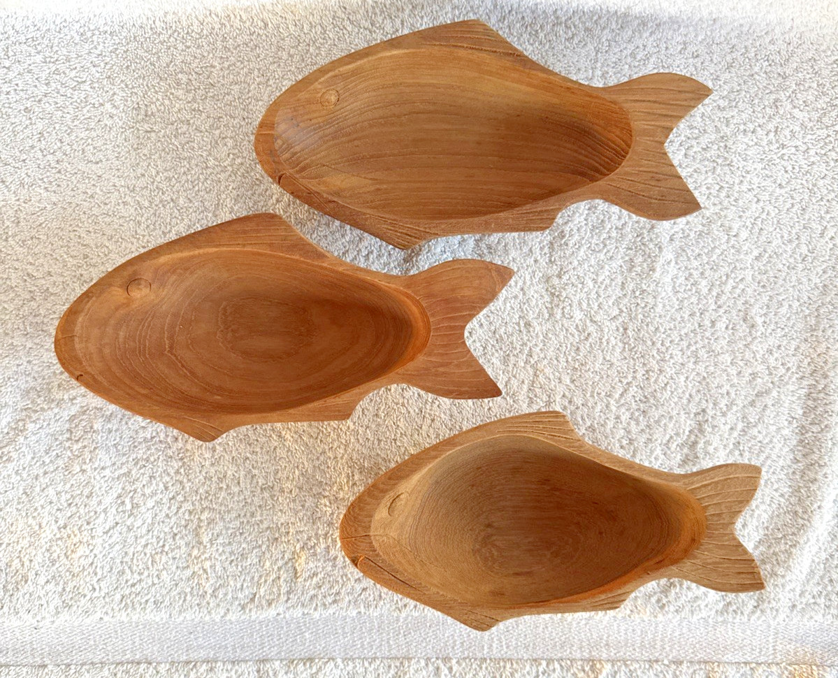 3-Vintage Hand-Carved Wooden Fish Dishes Trinket Dishes Made In Thailand 3-Vintage Hand-Carved Wooden Fish Dishes Trinket Dishes Made In Thailand
