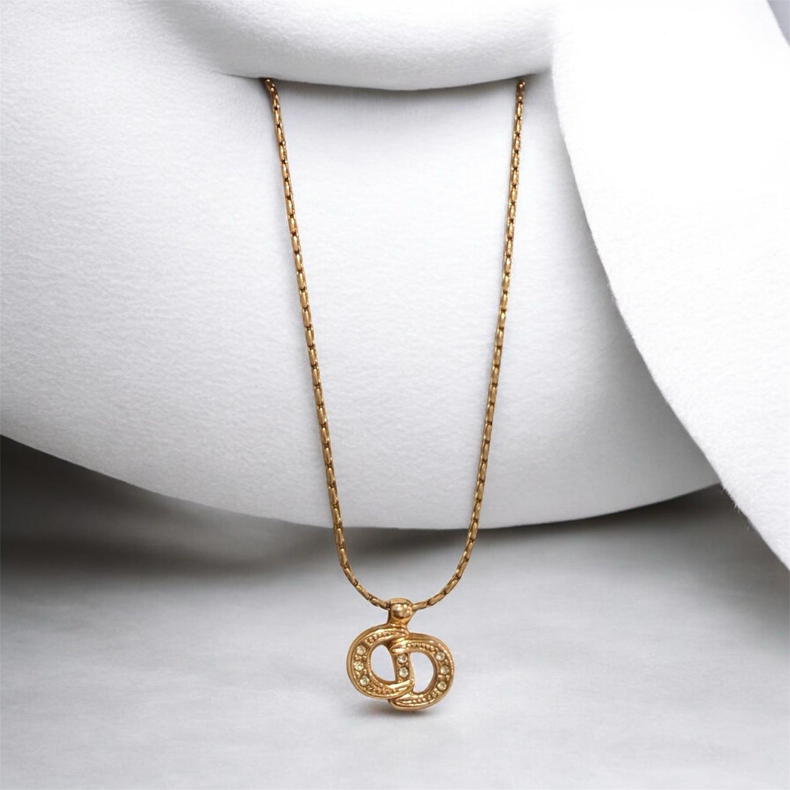 Christian Dior Gold-Finish Metal Necklace Crystals CD Logo 100% Authentic w/ COA